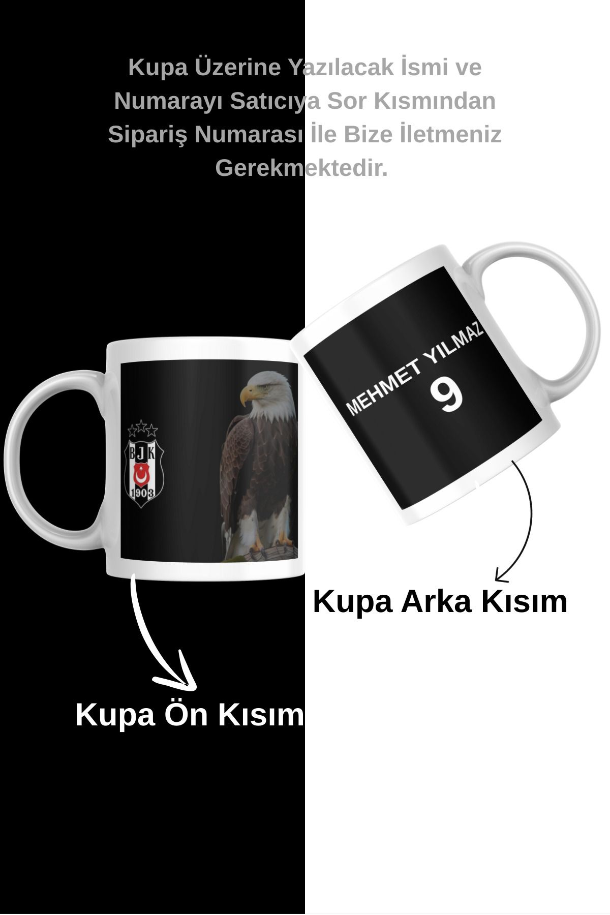 zerhome Siyah Beyaz Kartal Kişiye Özel Taraftar Beyaz Porselen Kupa Bardak