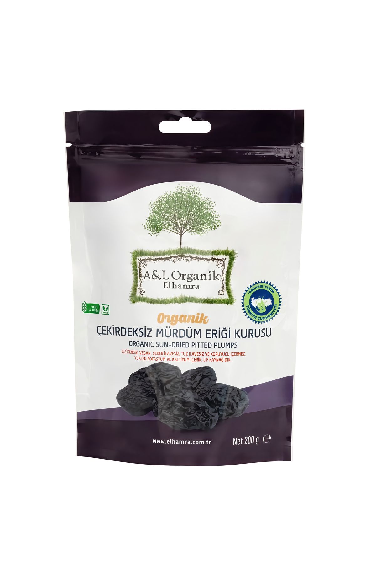 A&L ORGANİK ELHAMRA ORGANİK SERTİFİKALI ÇEKİRDEKSİZ MÜRDÜM ERİĞİ KURUSU. 200g. GLÜTENSİZ. VEGAN. KATKI,KORUYUCU İÇERMEZ