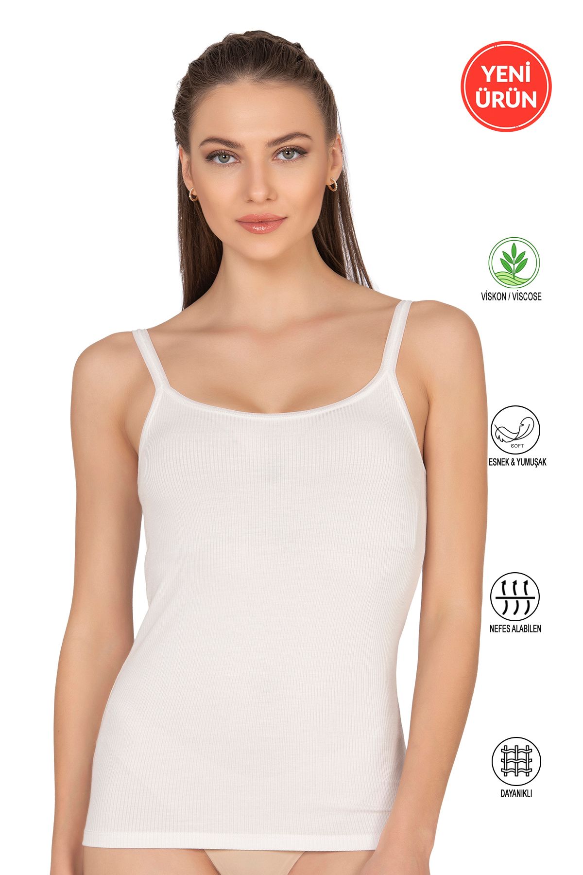 ÖZKAN underwear Özkan 27412 Kadın Viskon Kaşkorse Kumaş Esnek Rahat Tül Biyeli İp Askılı Atlet