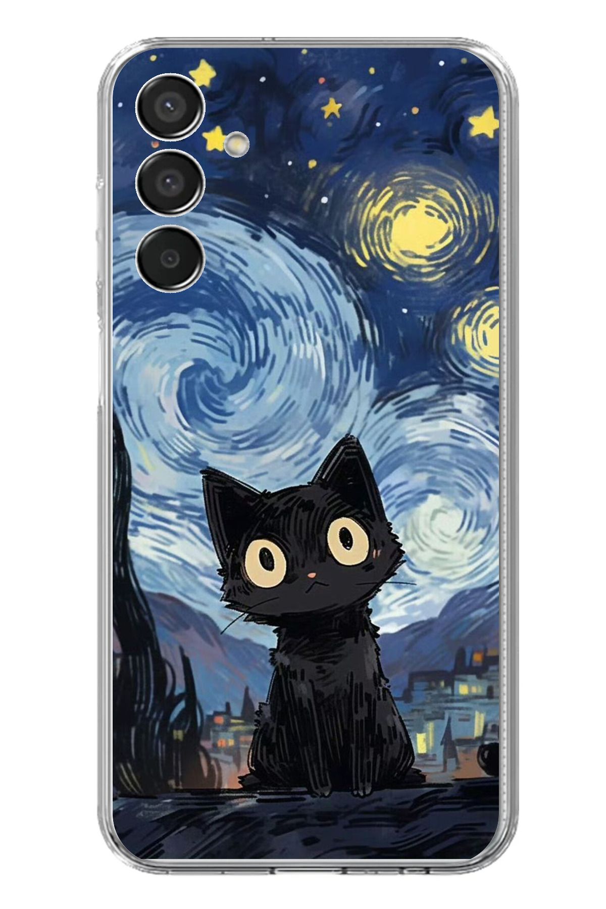 TechTree Samsung Galaxy M15 Uyumlu Gece Yarısı Kedi Tasarımlı Şeffaf Silikon Kılıf