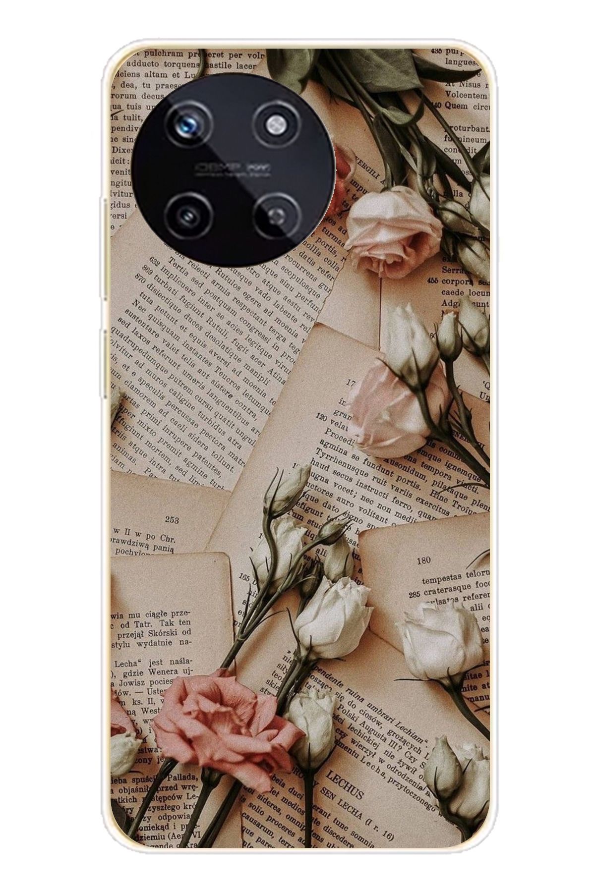 TechTree Realme 11 4G Uyumlu Retro Gazete Güller Tasarımlı Şeffaf Silikon Kılıf