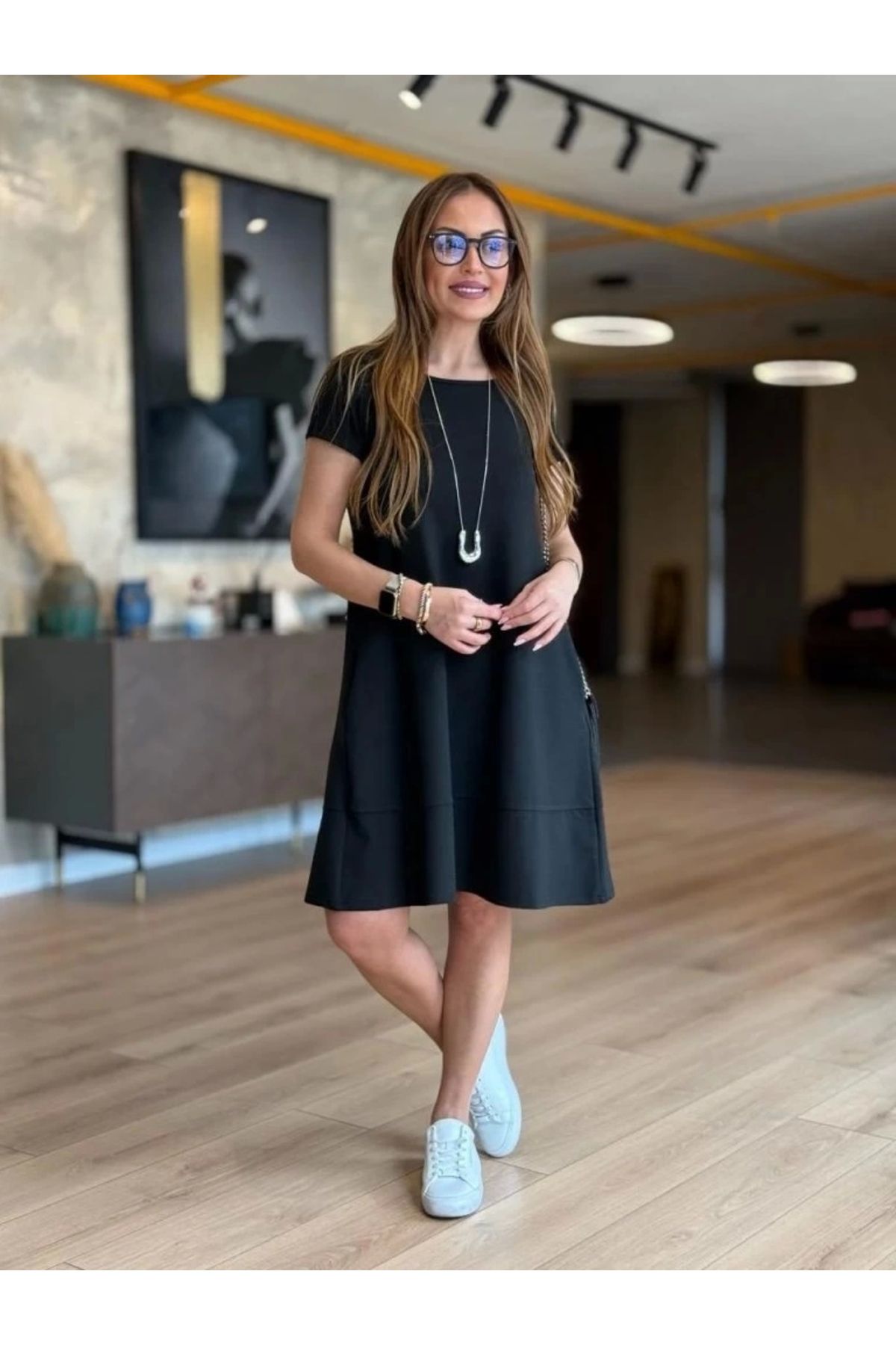 Butik Kadın Kısa Kollu Bisiklet Yaka Cepli Viskon Iki Iplik Elbise