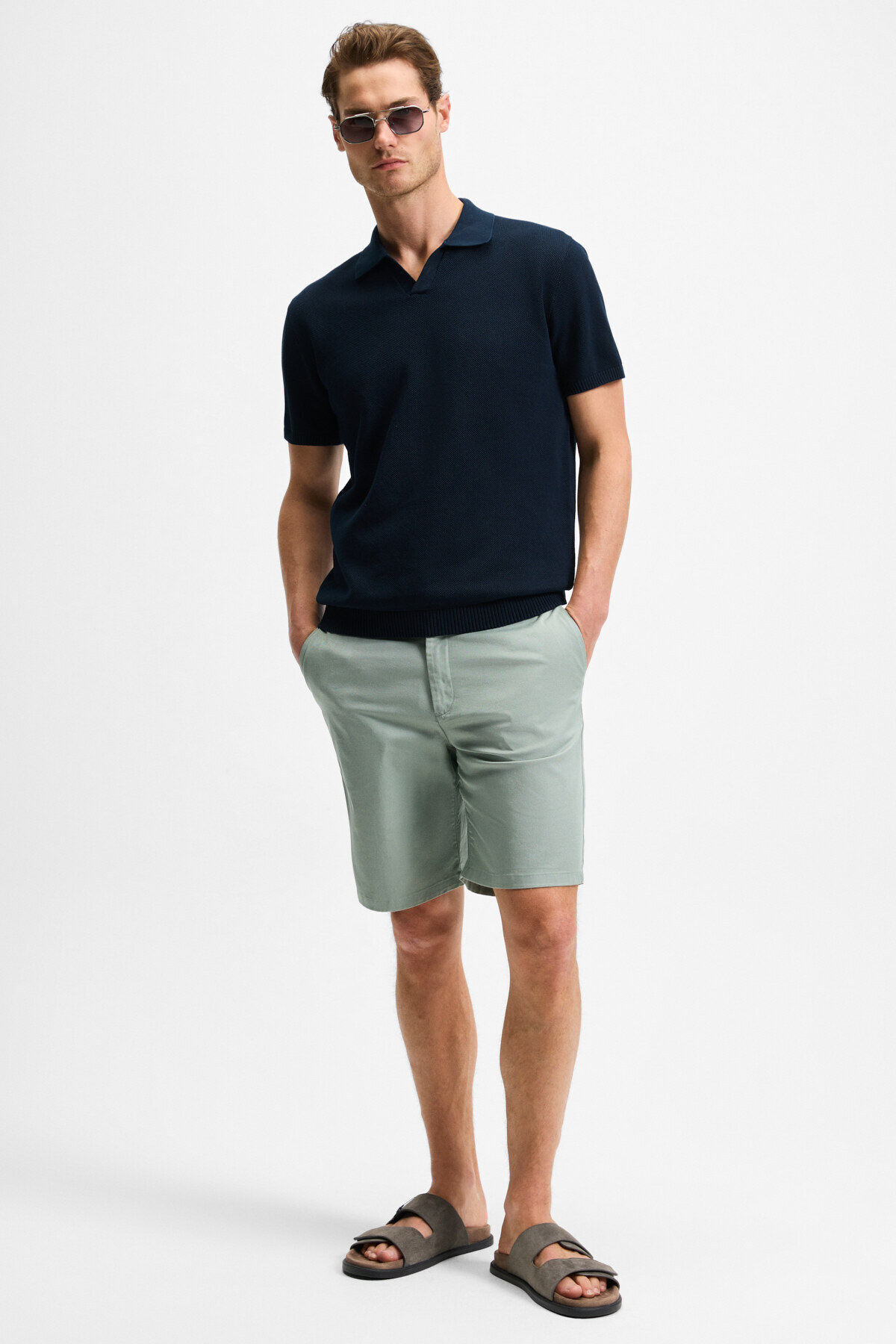 GRIMELANGE  TEEMO Erkek Yanları Cepli Fermuarlı Likralı Slim Fit Yeşil Şort - Görsel 3