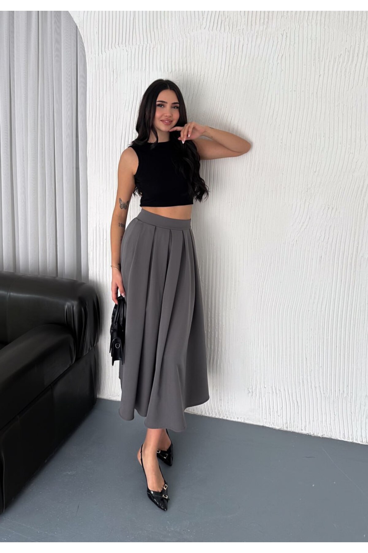 Winmoda34  KADIN DABIL KUMAŞ PİLELİ 86 CM TAM BOY UZUN ETEK - Görsel 2