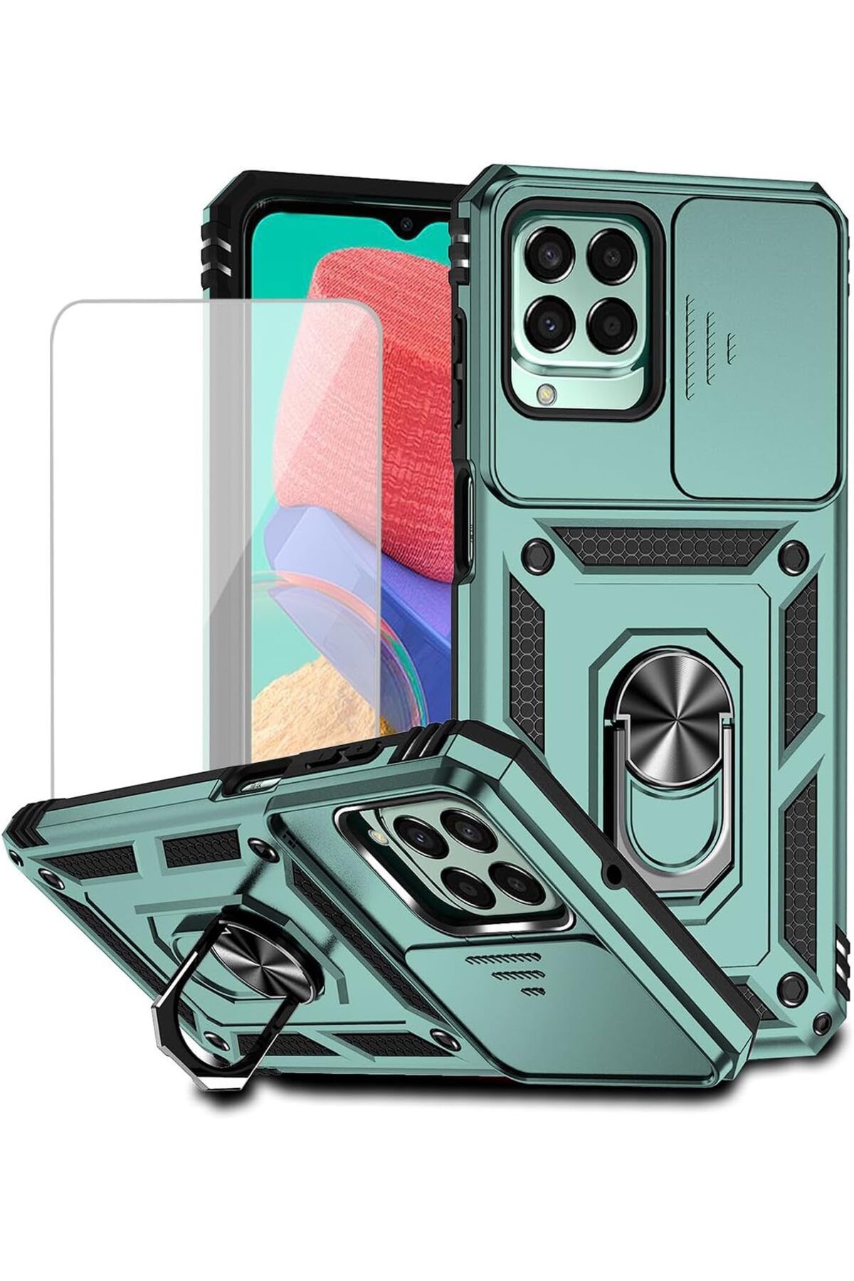 Rivor Samsung Galaxy M33 Uyumlu Kılıf Kamera Sürgülü Standlı Yüzüklü Darbe Emici Zırh Koruyucu Tank Kapak