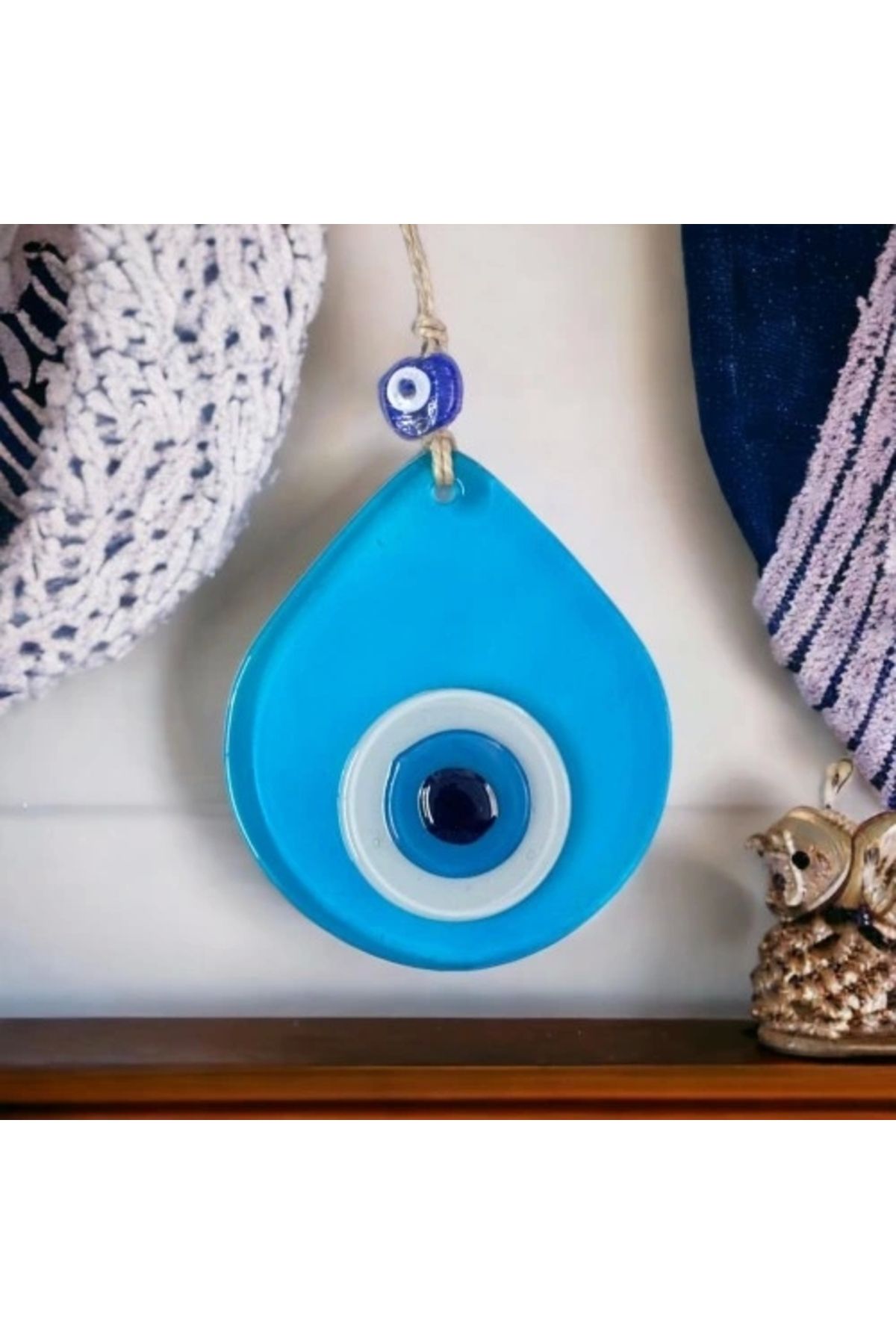 ShopNova Orta Boy Şeffaf Turkuaz Damla Desen Nazar Boncuklu Duvar Dekoru Cam Duvar Süsü