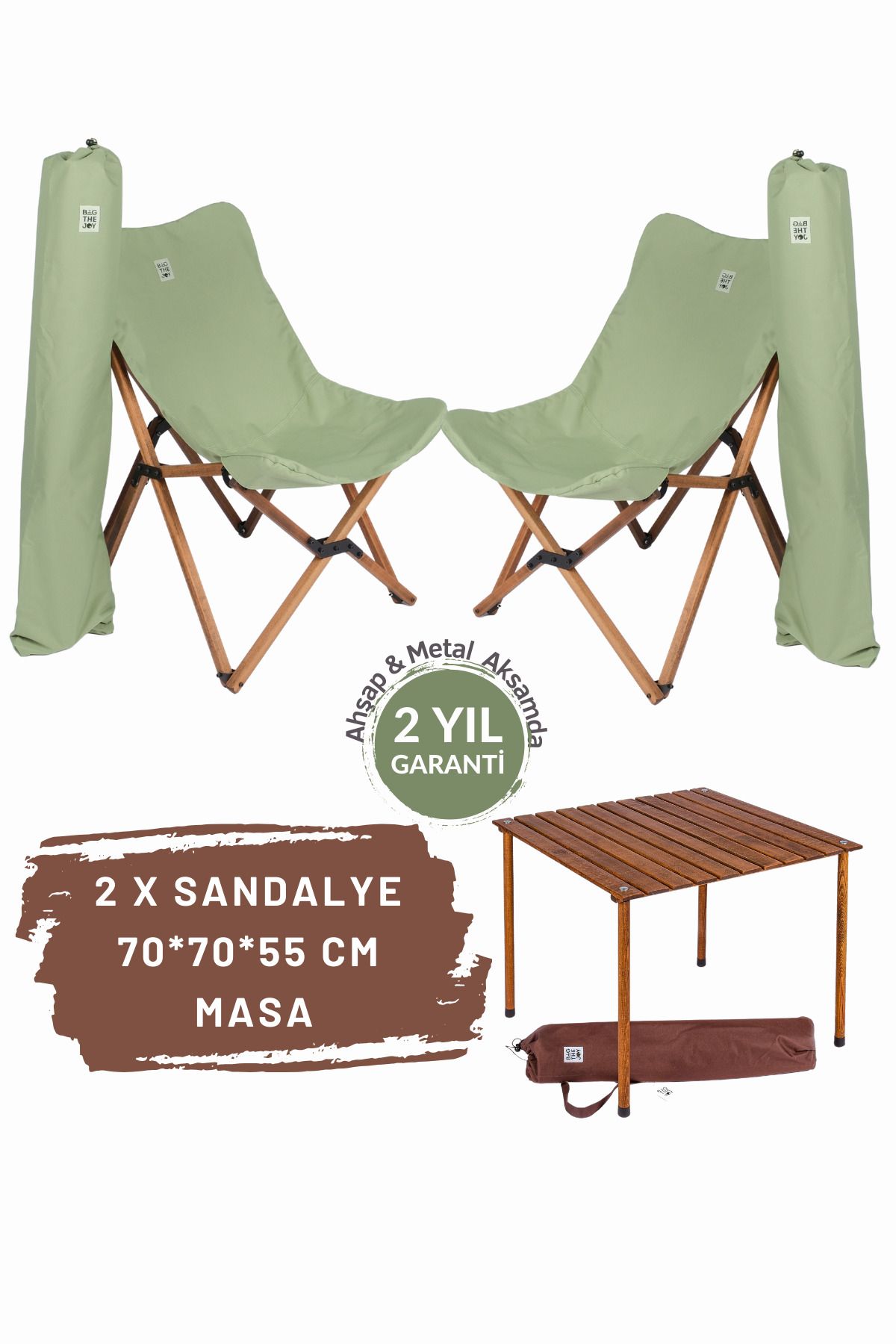 Bag The Joy Ahşap Katlanır Masa Sandalye Seti Kahverengi Iskelet Su Yeşili Kılıf -70x70x55 Kahverengi Masa