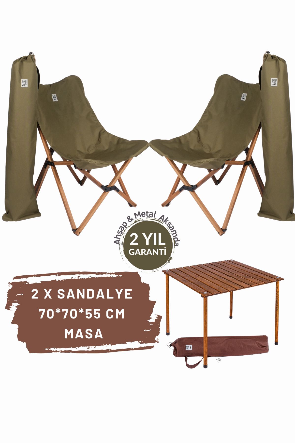 Bag The Joy Ahşap Katlanır Masa Sandalye Seti Kahverengi Iskelet Haki Kılıf -70x70x55 Kahverengi Masa