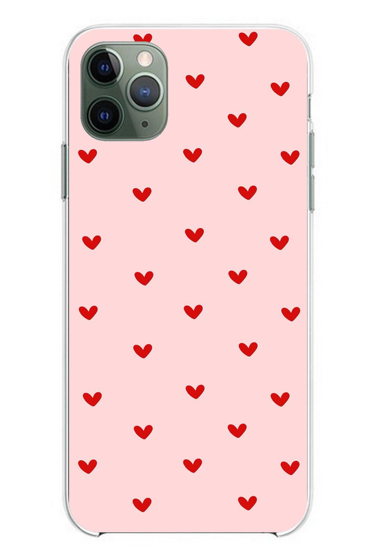 TechTree iPhone 11 PRO Uyumlu Kırmızı Minik Kalpler Şeffaf Silikon Kılıf