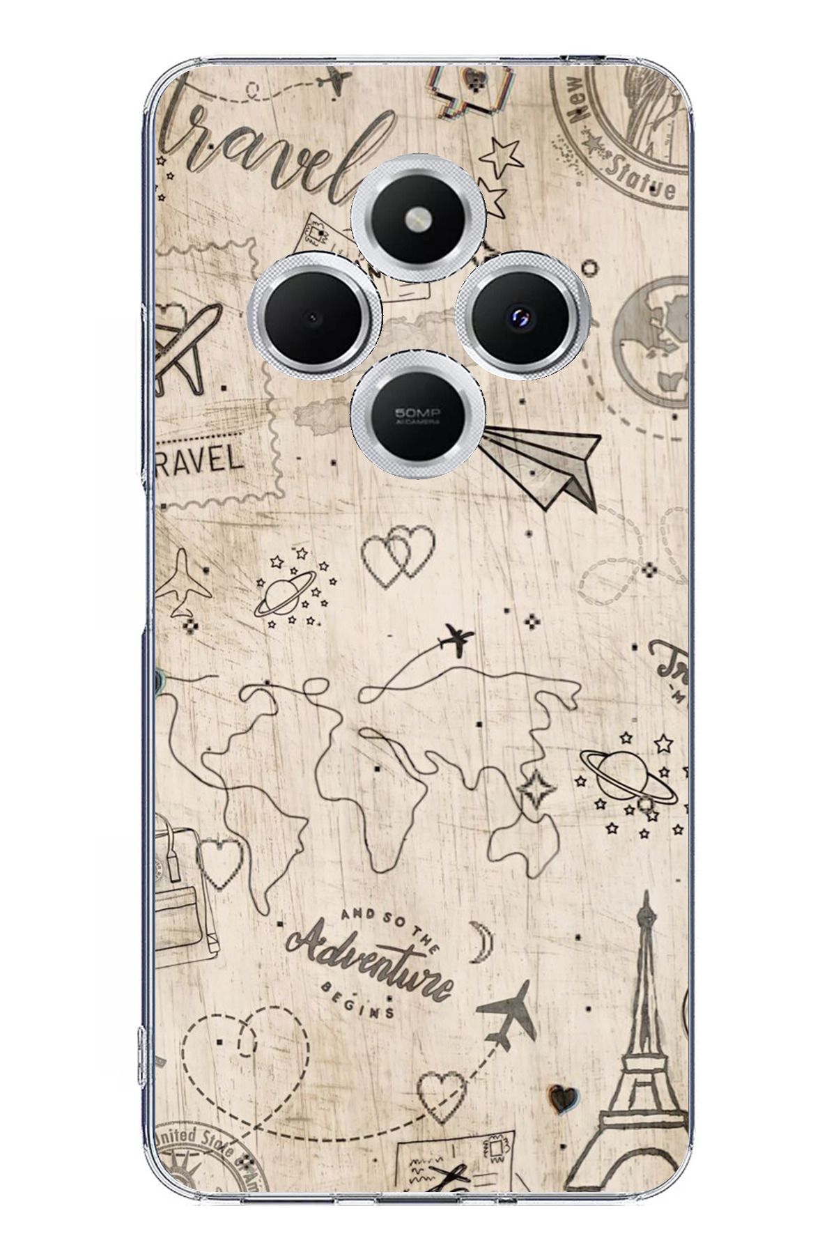 TechTree Redmi 14C Uyumlu Travel Tasarımlı Şeffaf Silikon Kılıf