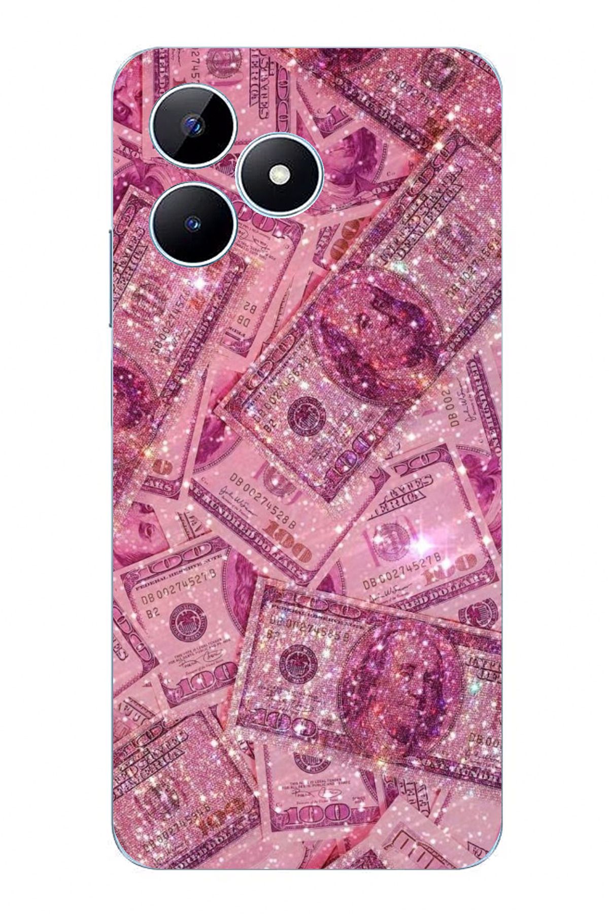 TechTree Realme Note 50 Uyumlu Pembe Işıltılı Dolarlar Şeffaf Silikon Kılıf