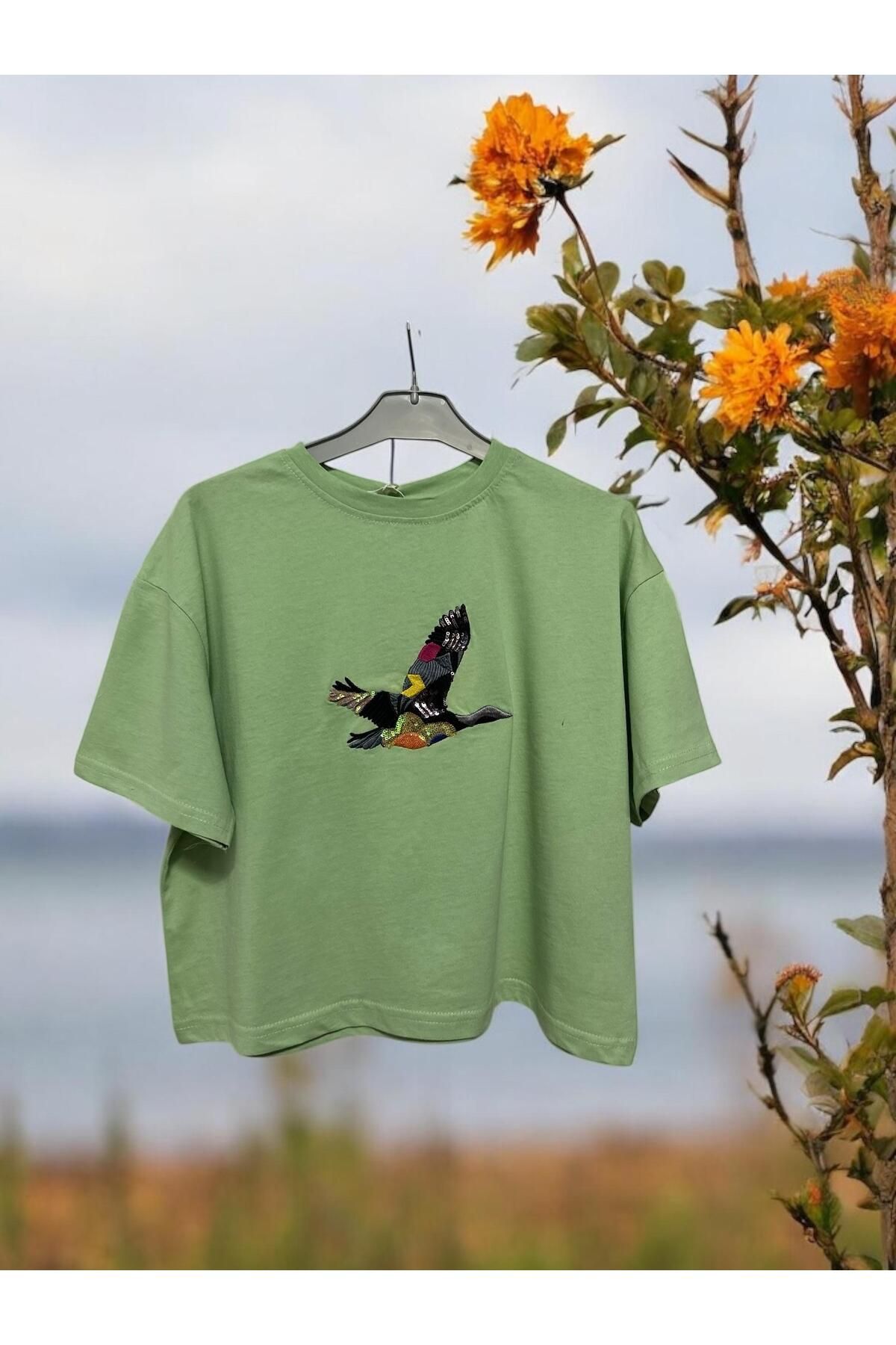 MUG collection Kadın Crop T-shirt Kuş Modeli