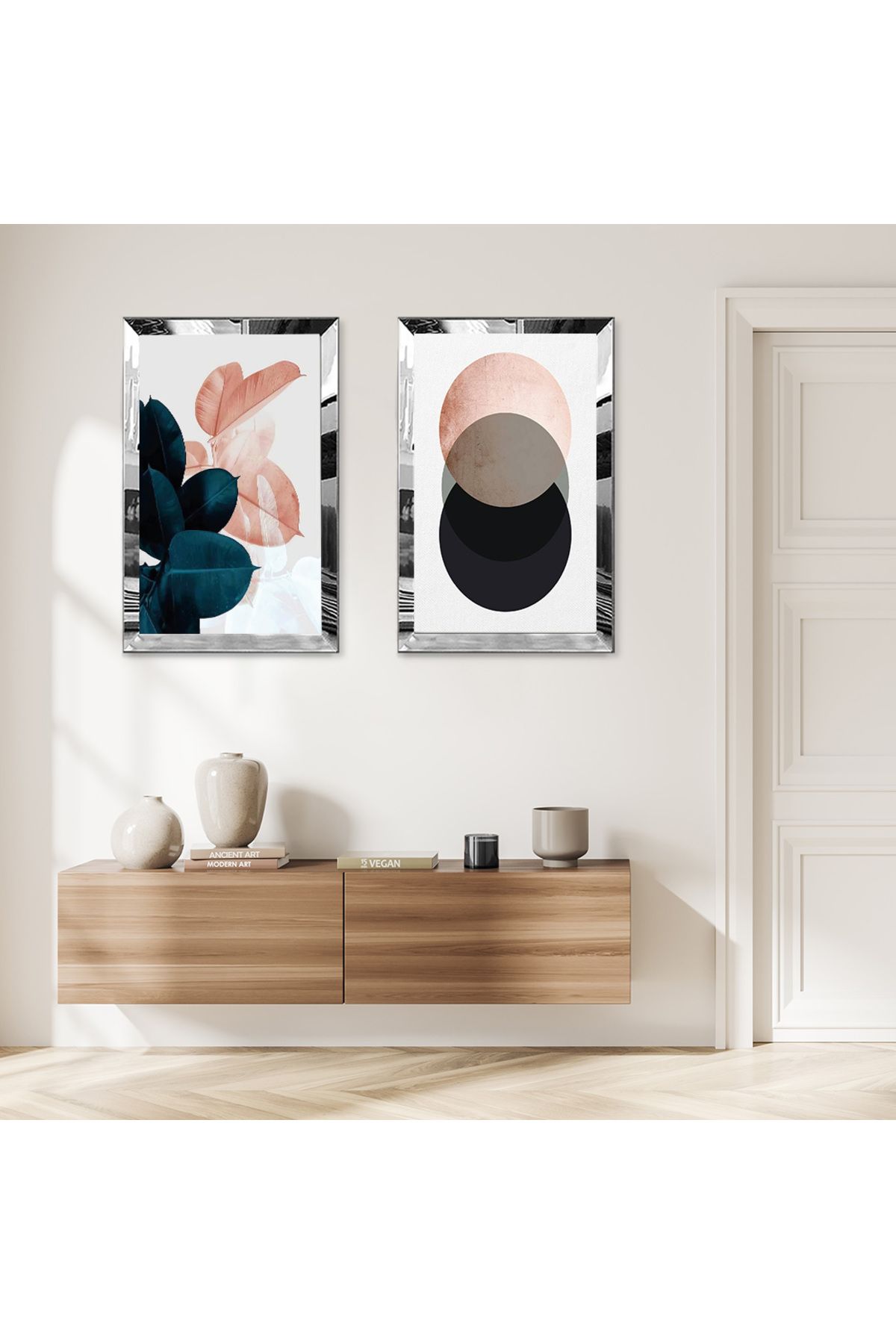 Zevahir Mobilya Dekorasyon GÜMÜŞ AYNALI PLEKSİ ÇERÇEVELİ RENKLİ YUVARLAK SOYUT ŞEKİLLER MODERN İKİLİ MDF TABLO SETİ