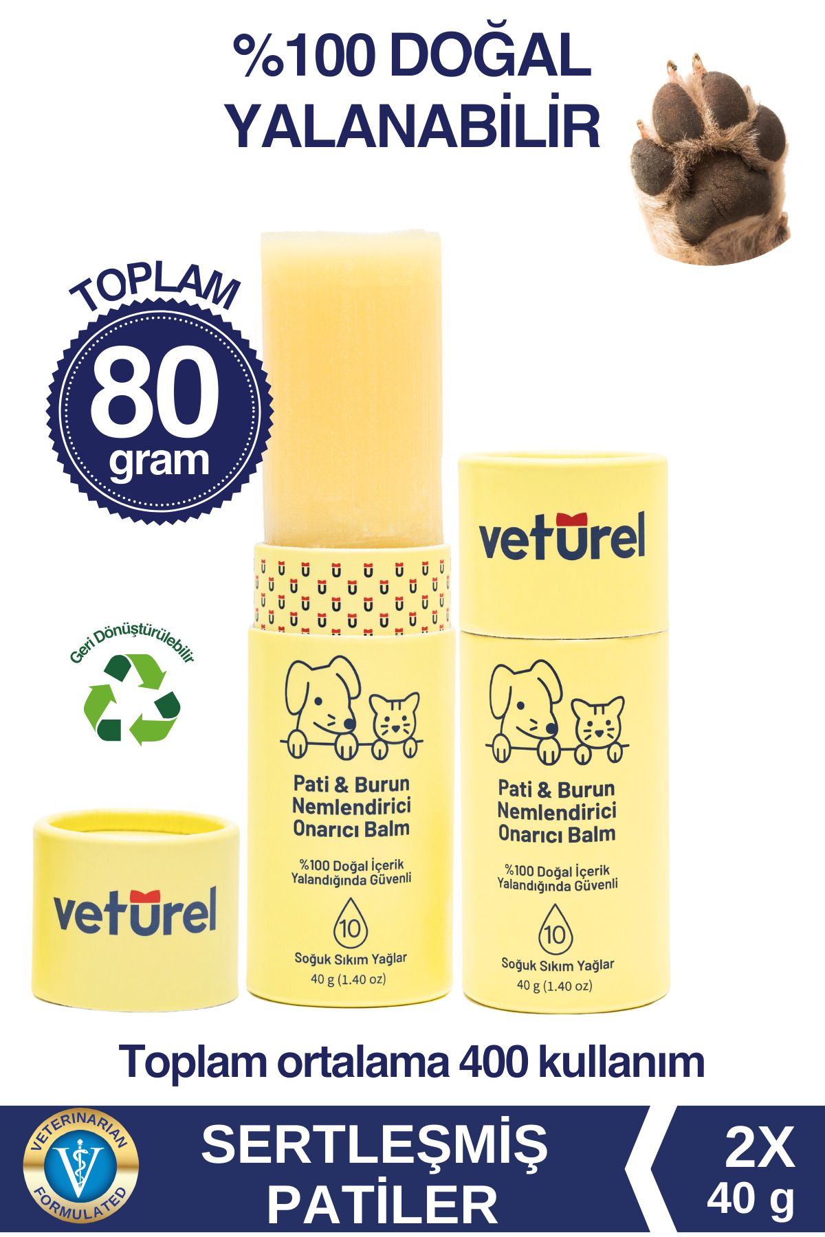 Veturel Pati Balm Kedi Köpek %100 Doğal Nemlendirici Stick Dirsek Burun Koruyucu Onarıcı Bakım - 2x40gr