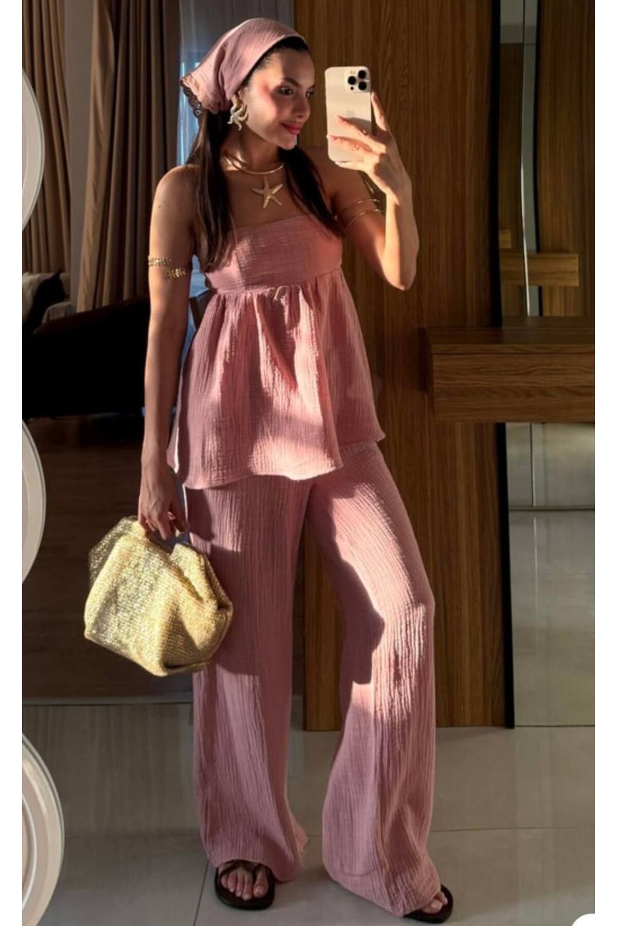 My Blog Pembe Bandanalı %100 Pamuk Müslin Takım - 30377