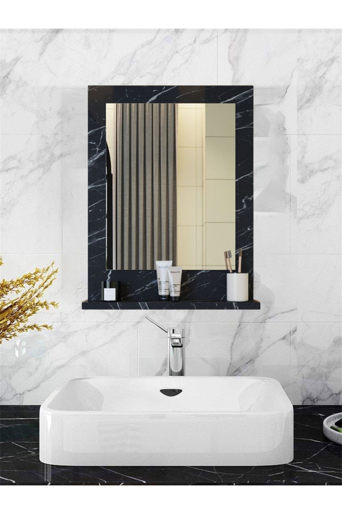 Teknor Safir Stil 60x45 Siyah Raflı Banyo Aynası