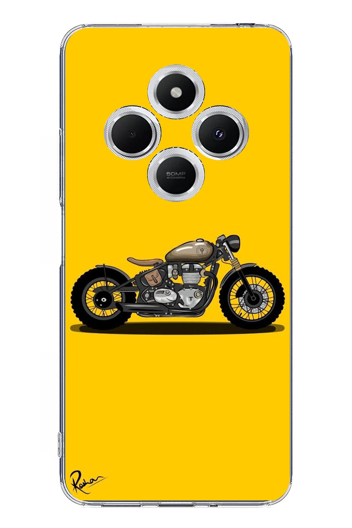 TechTree Redmi 14C Uyumlu Klasik Motor Sarı Tasarımlı Şeffaf Silikon Kılıf