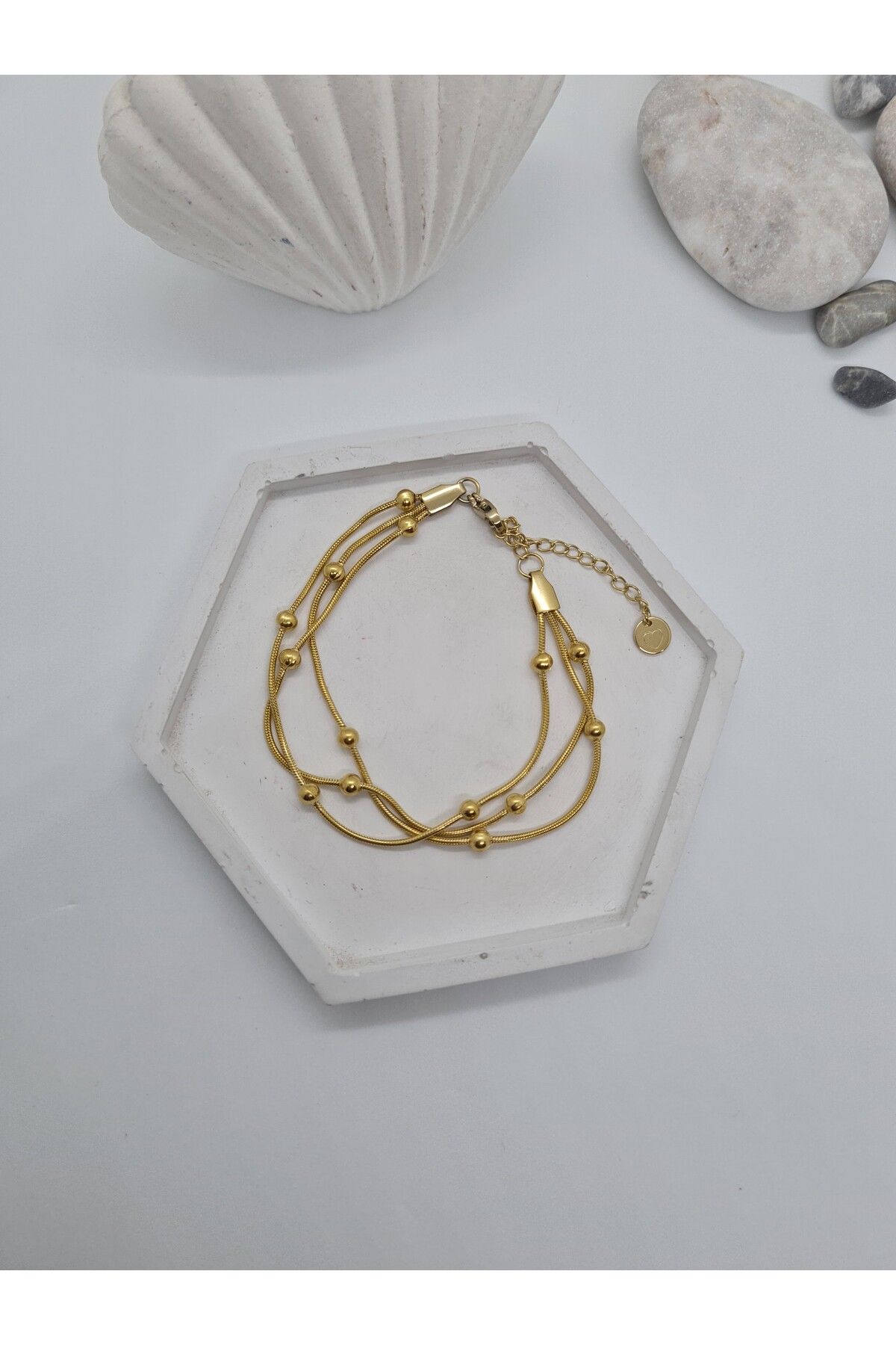 ZEYM Gold Renk Paslanmaz Çelik Üç Sıra Top Detaylı Bileklik