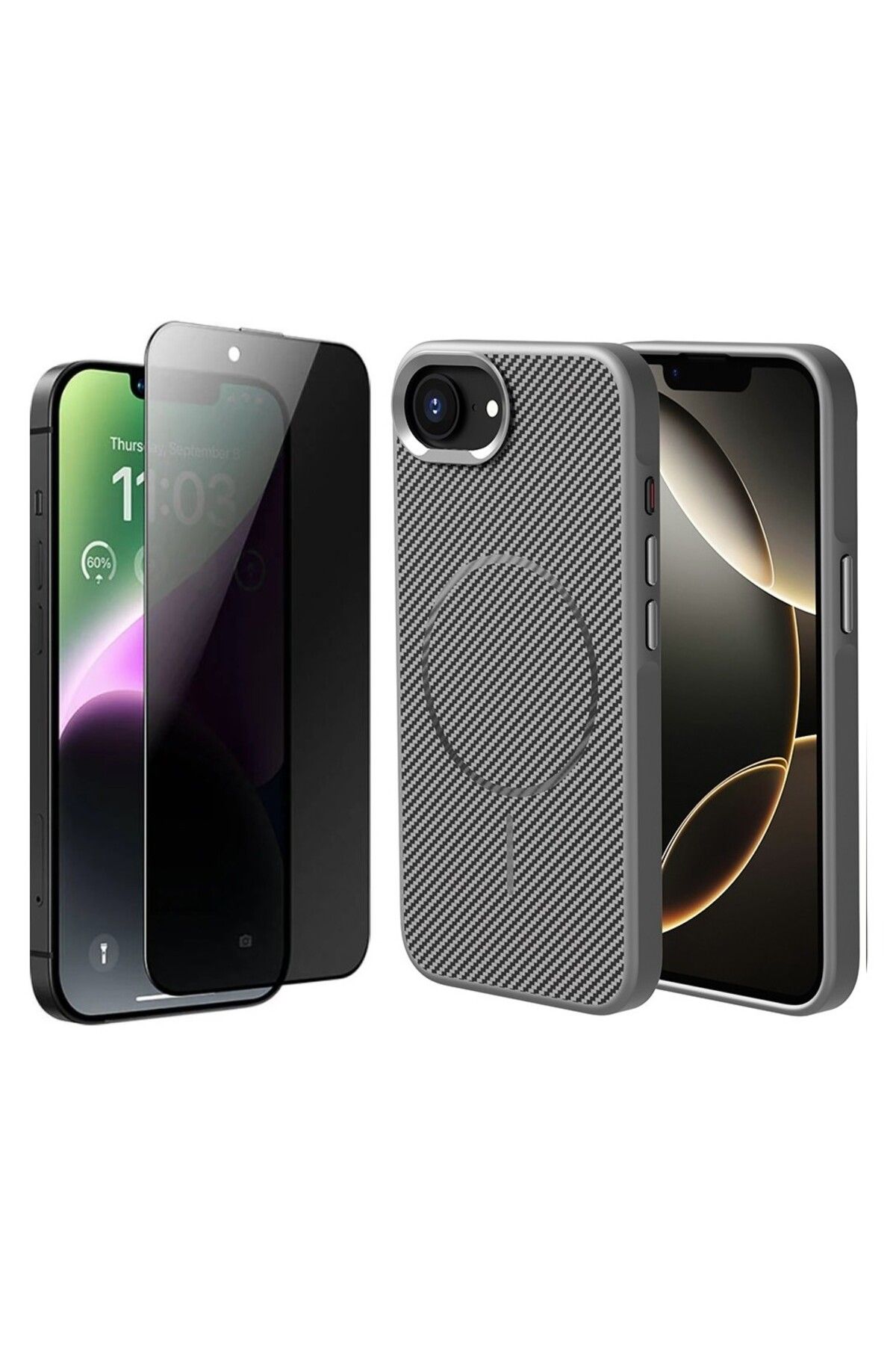 Vendas iPhone 16E Kılıf M-safe Şarj Özellikli Karbon Fiber Görünümlü Zore Troy Kapak+Hayalet Ekran Koruyucu