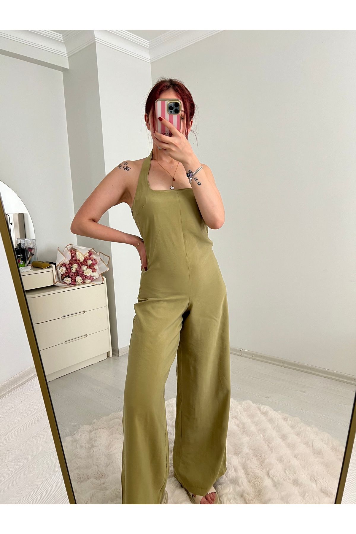 Üda Boutique Haki sırt dekolteli tulum