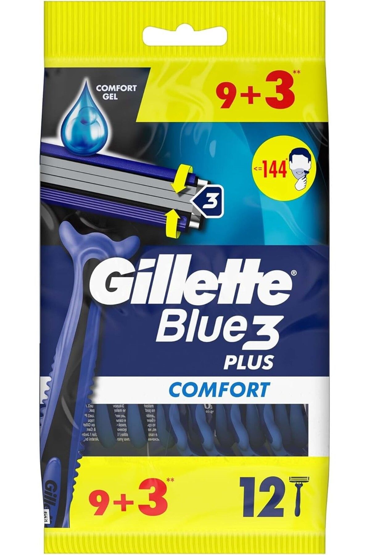 Gillette Blue3 Comfort Kullan At Erkek Tıraş Bıçağı 9+3 Adet - Diş Beyazlatıcı Köpük Hediye