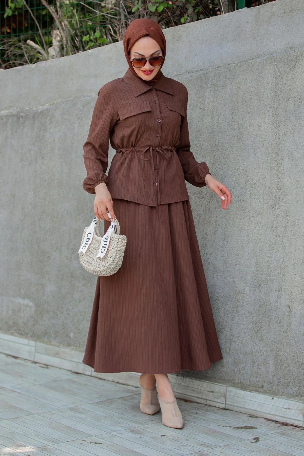 Trendy Butik Kadın Bahar Bluz Etek Takım-Kahve