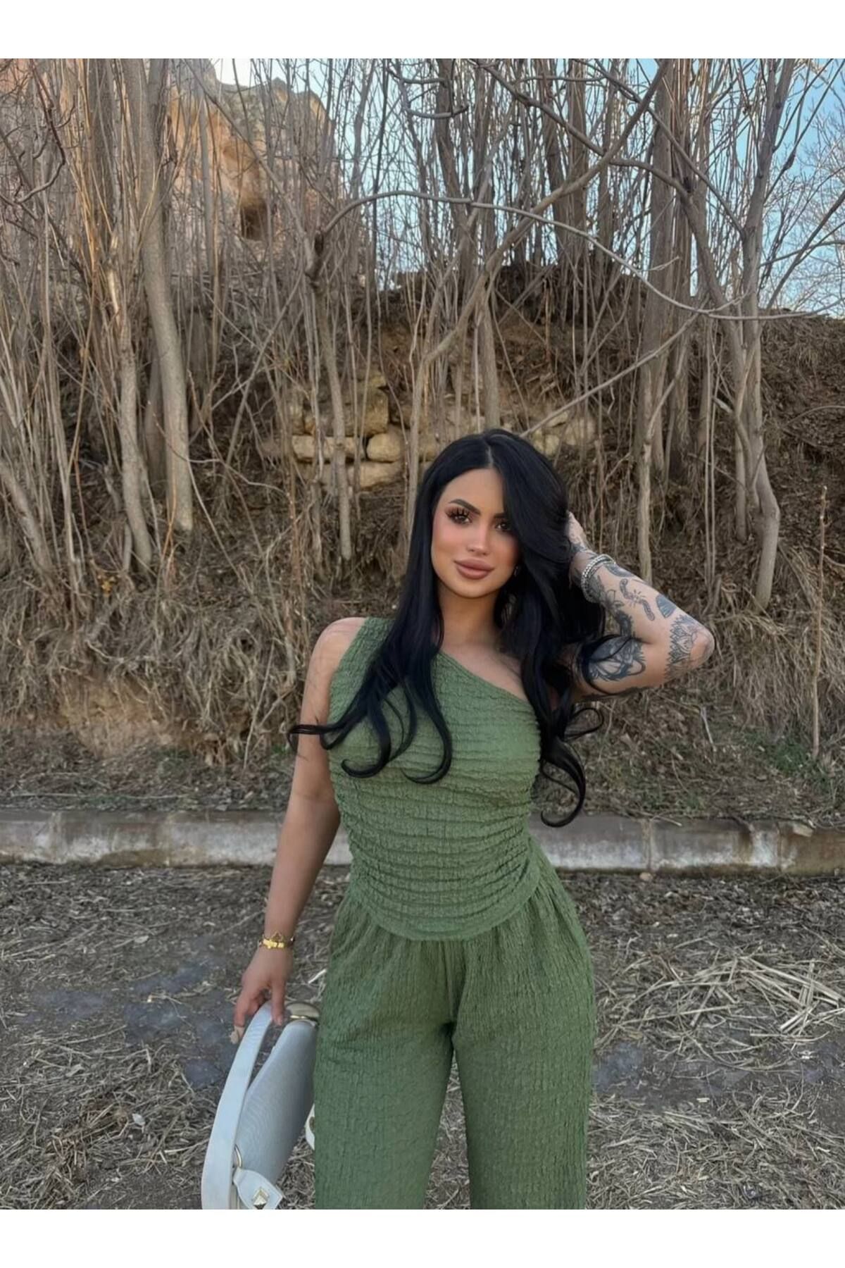 Butik Beyza Tek Omuz Bluz Pantolon İkili Takım