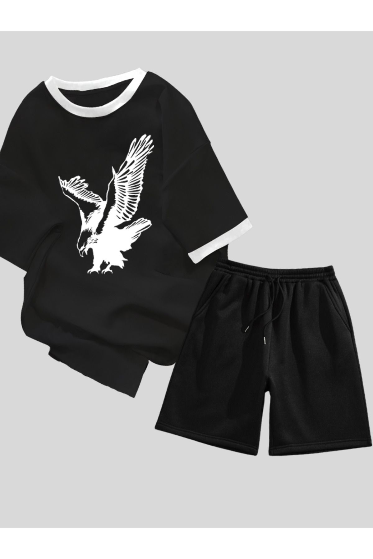 Revasser Unisex Kadın/Erkek Renkli Yaka Kartal Özel T-Shirt Alt Üst Özel Baskılı Şortlu Takım