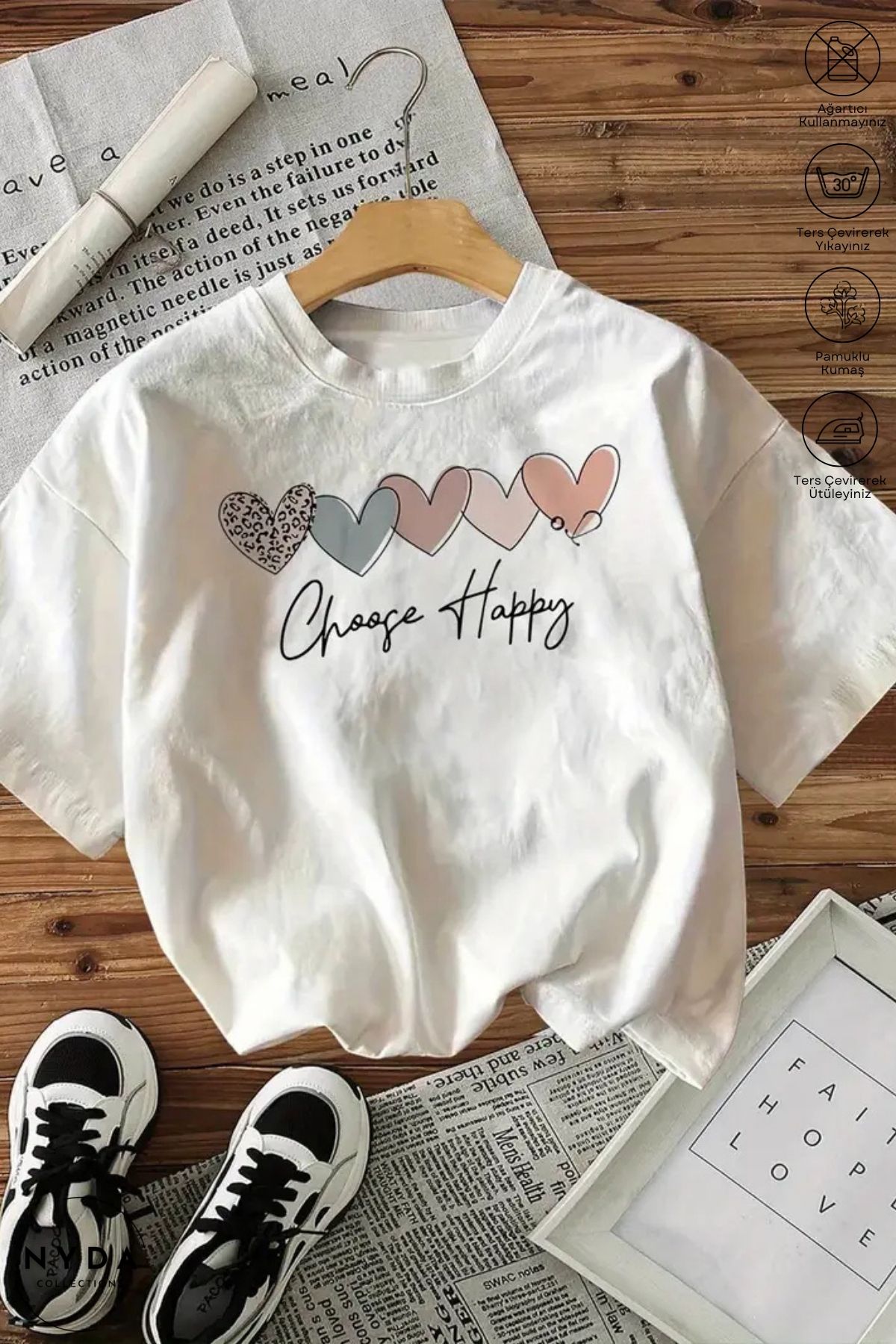 Nyda Collections Kadın Bisiklet Yaka Pinterest Baskılı Pamuk Oversize Kısa Kollu Tişört