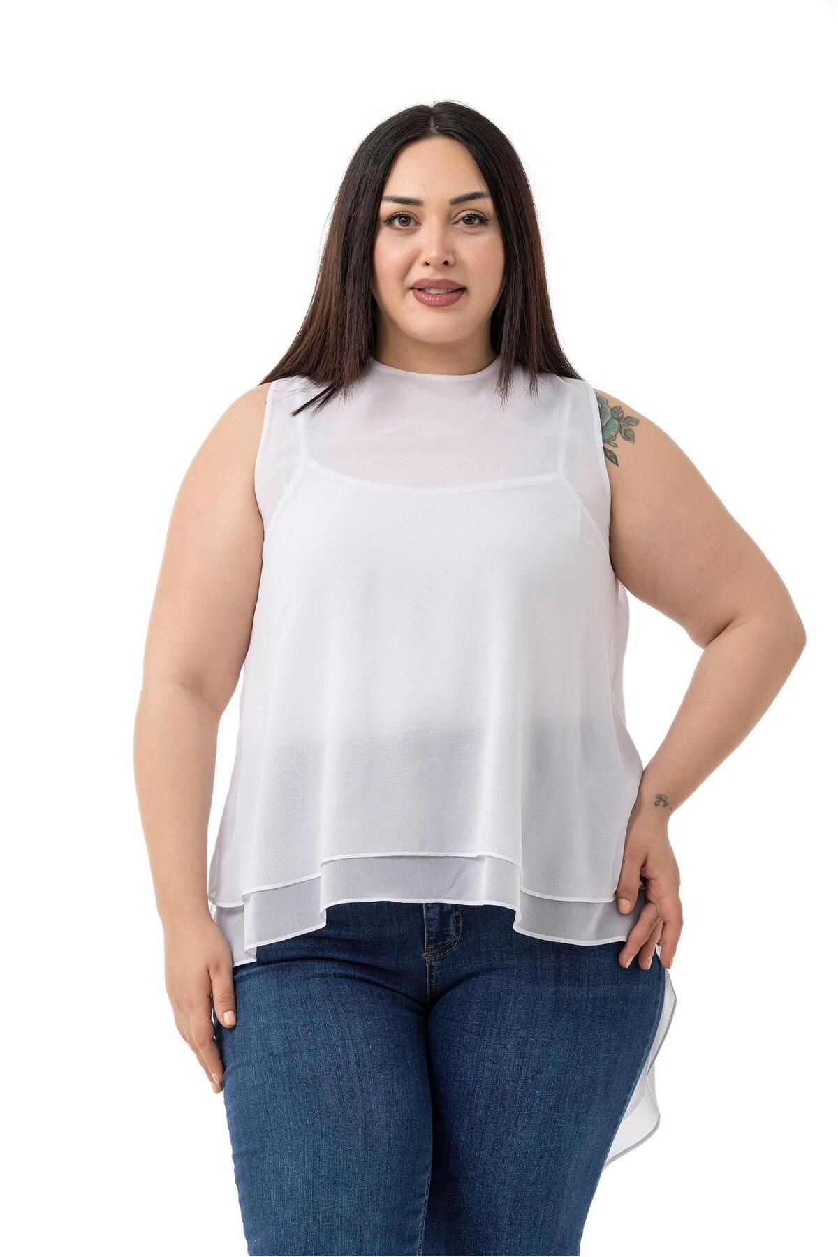 DISENTIS MODEST-Large Size Back Button Asymmetrical Cut Double Layer Chiffon White Blouse 5
