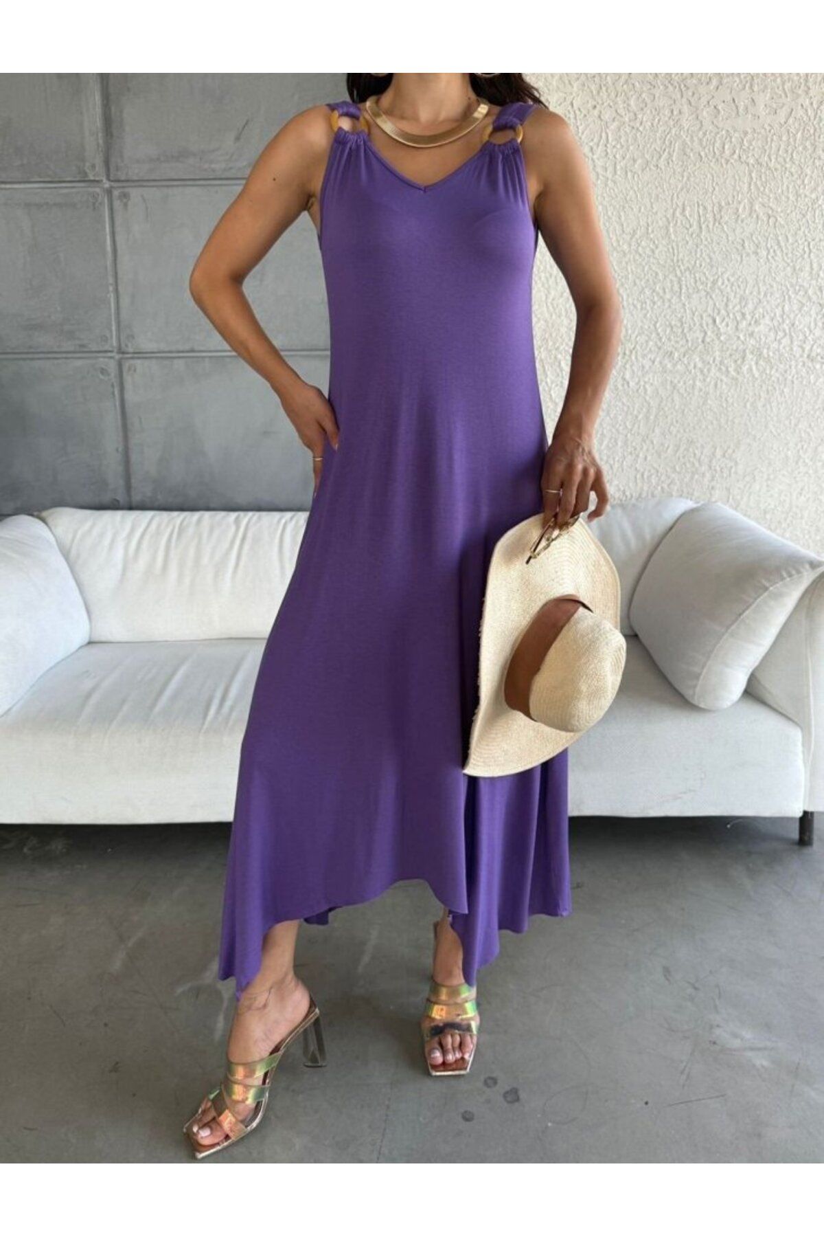 ceylinmoda Kadın çan Dokuma Kumaş V Yaka Asimetrik Kesim Elbise