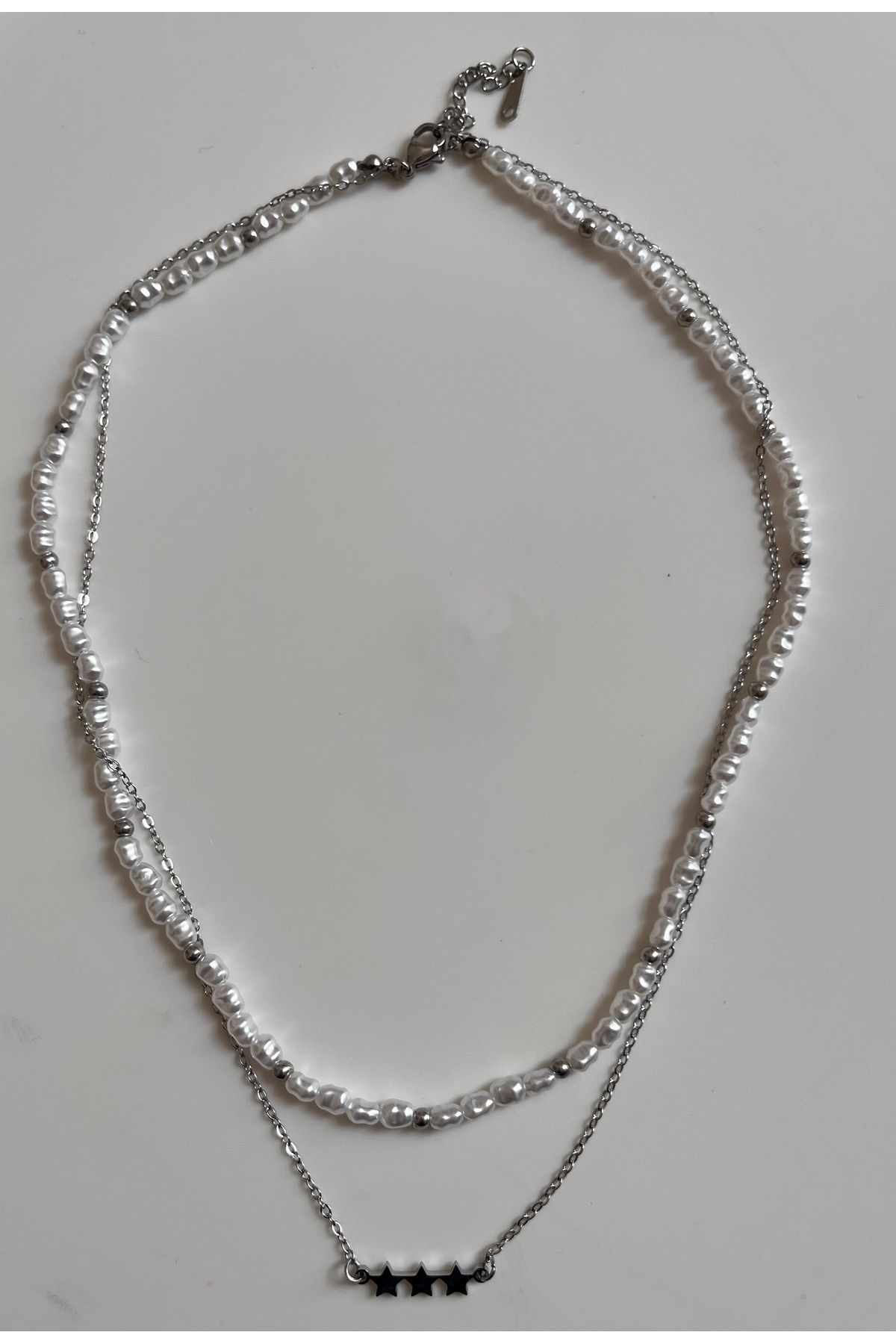 HNG JEWELRY GERÇEK İNCİ GÖRÜNÜMLÜ GÜMÜŞ RENK İKİLİ YILDIZ KOLYE ÇELİK