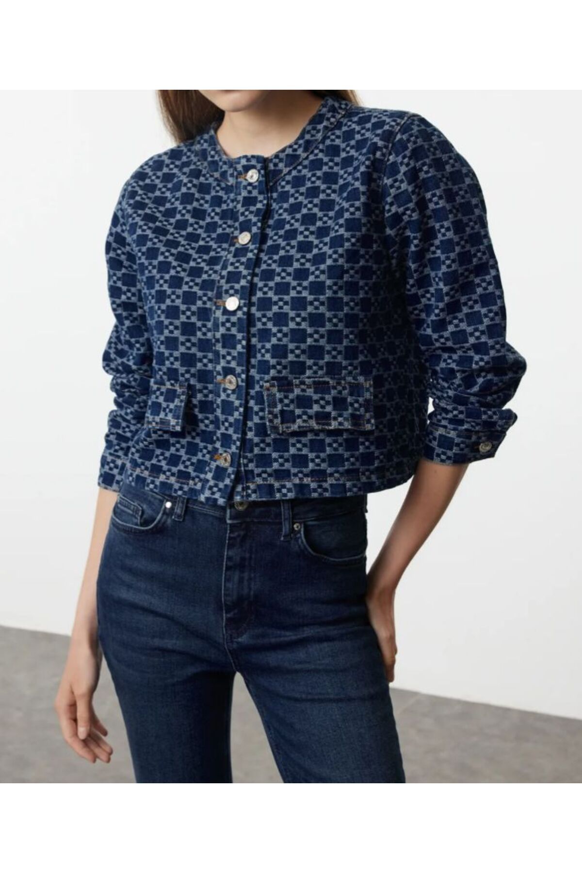 KARACAN COMPANY Koyu Mavi Desenli Cep Detaylı Crrop Denim Bomber Ceket