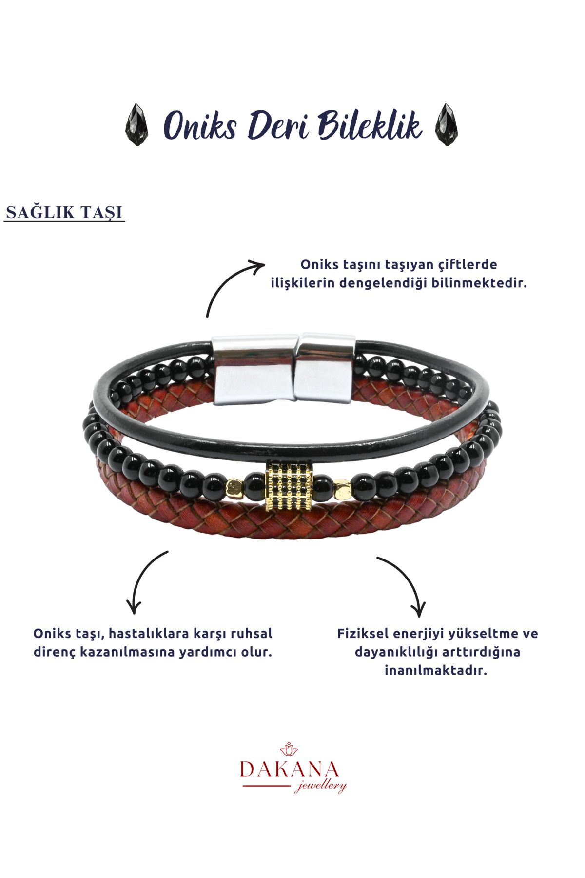 DAKANA JEWELLERY Sertifikalı Oniks Doğal Taş Kırmızı Erkek Deri Bileklik