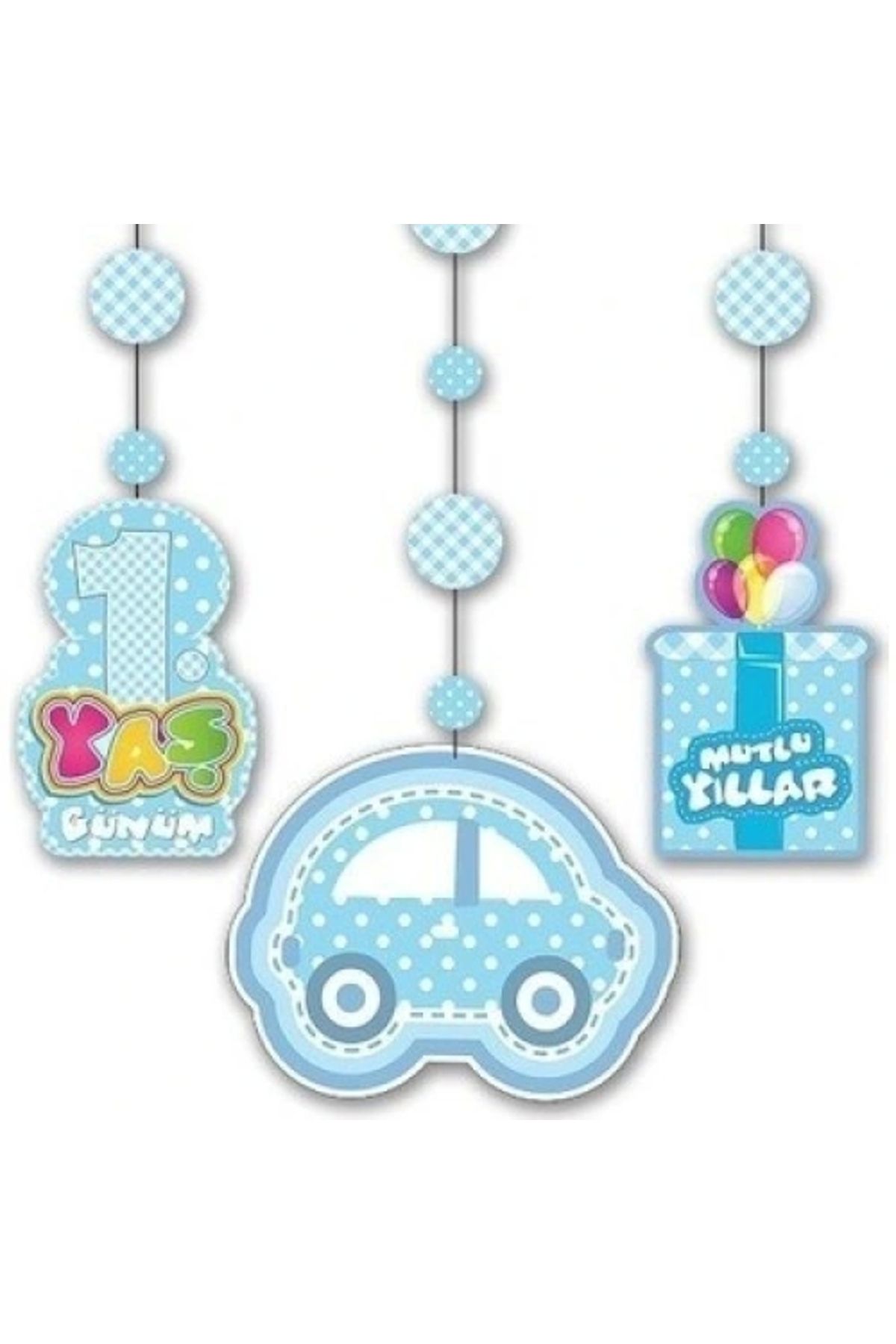 ShopNova 1 Yaş Temalı Asmalı İp Süs Mavi Renk 3 lü Set 12x45 cm