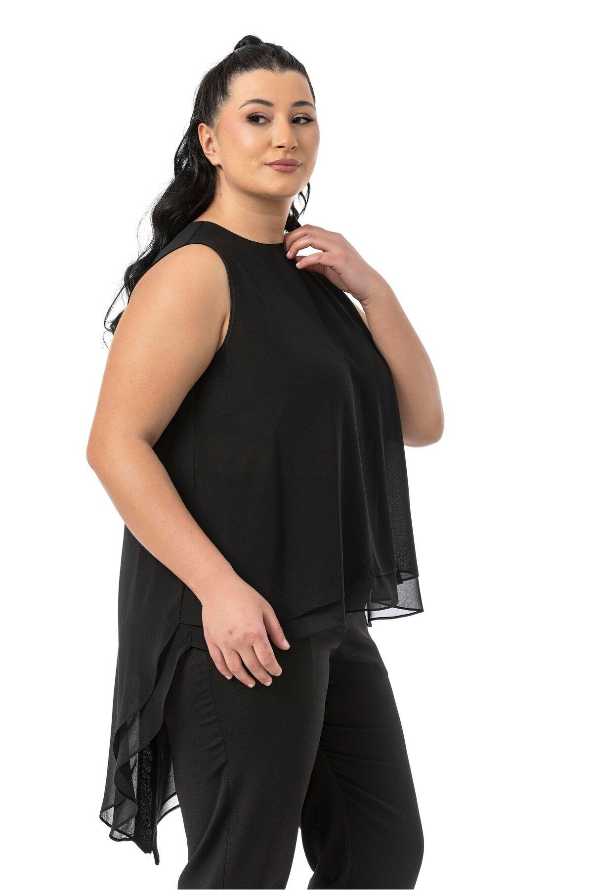 DISENTIS MODEST-Large Size Back Button Asymmetrical Cut Double Layer Chiffon Black Blouse 4