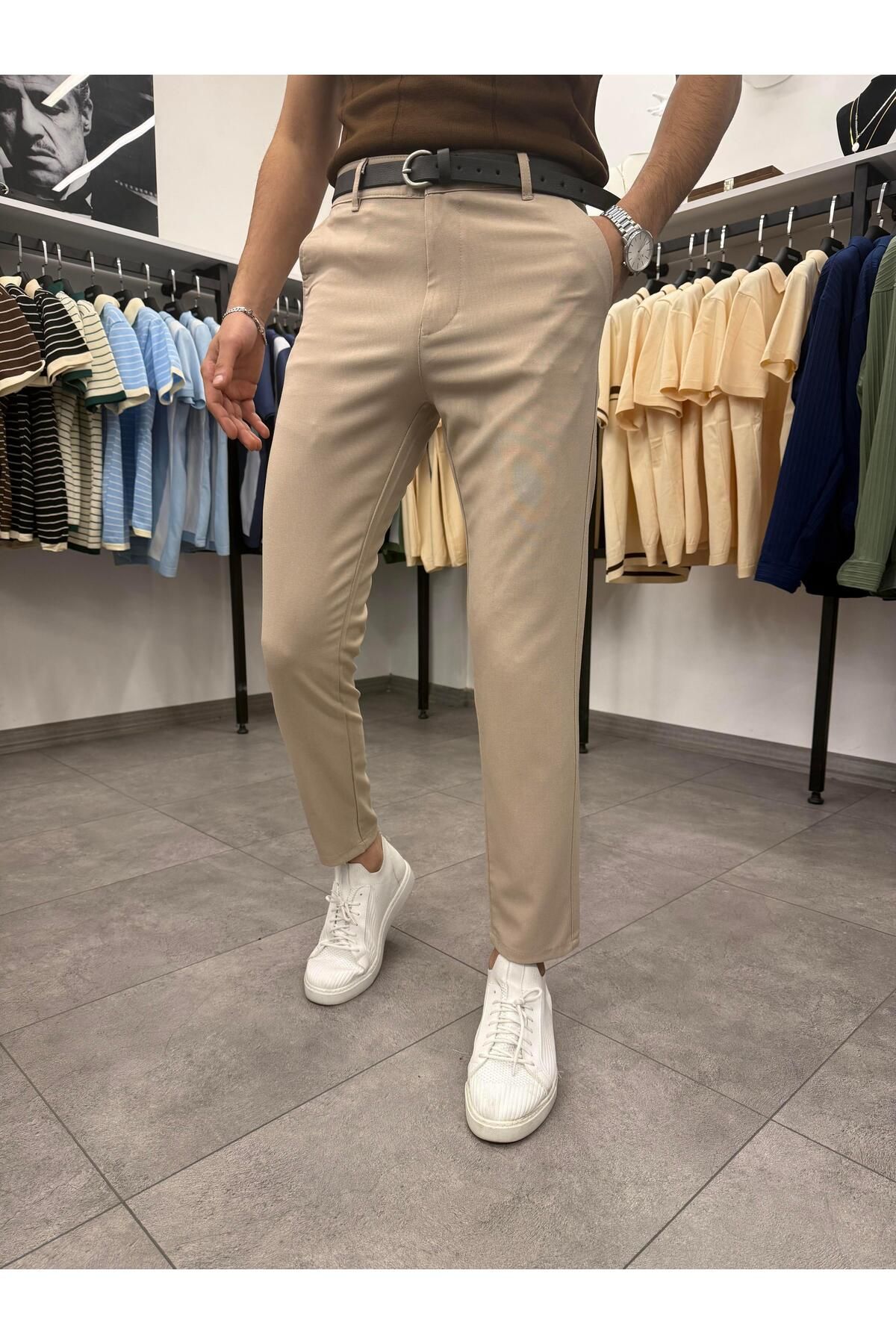 Butik Likralı Slimfit Kumaş Pantolon Krem