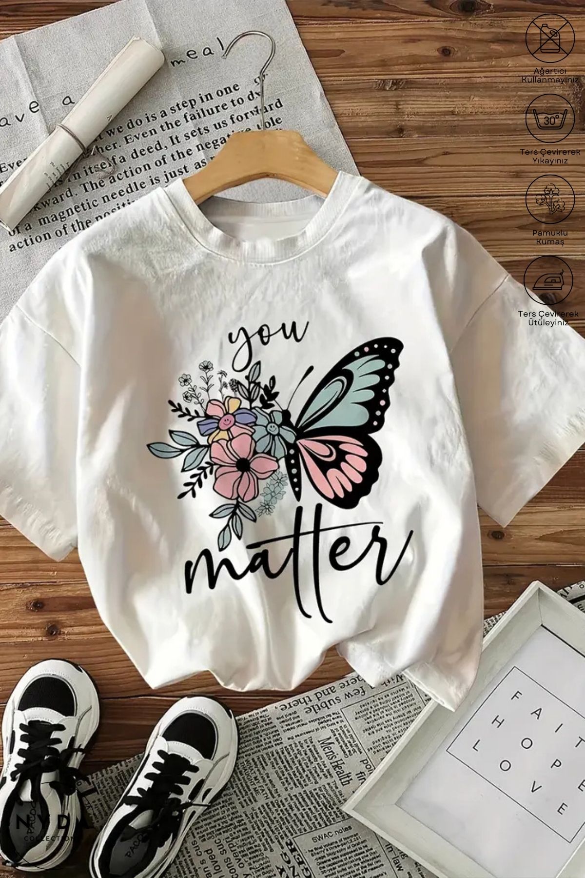 Nyda Collections Kadın Bisiklet Yaka Pinterest Baskılı Pamuk Oversize Kısa Kollu Tişört