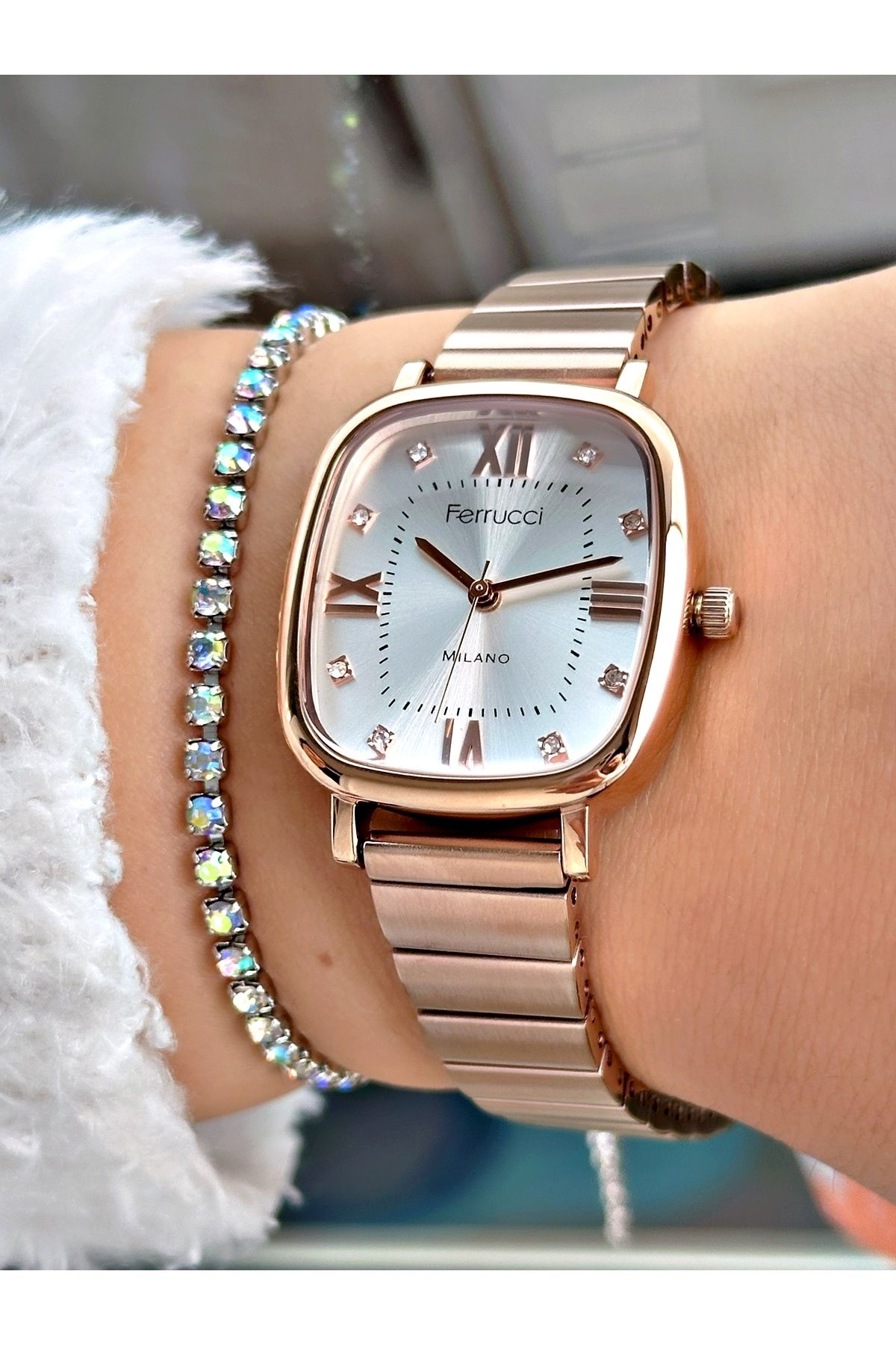 Ferrucci Rose Gold Renk Kare Roma Rakamlı Model Garantili Kadın Kol Saati + BİLEKLİK