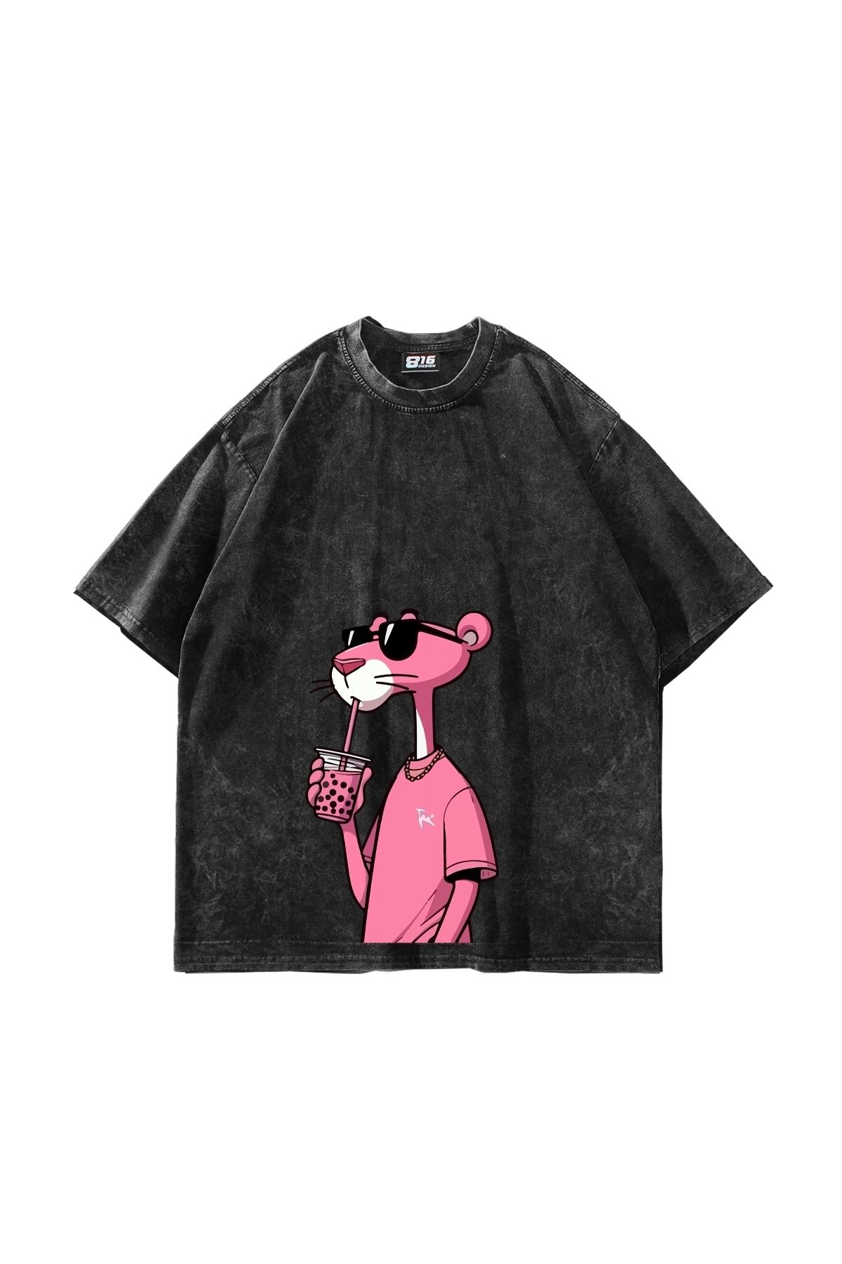 Bak Moda Pink Pant Baskılı Oversize Unisex Yıkamalı Siyah Tshirt