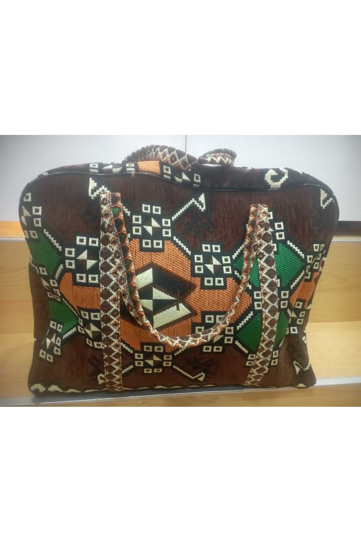 NUR TEKSTİL Kadın kahve Desenli Orijinal Dokuma Kilim Desenli Etnik-otantik Yıkana Bilir Valiz Çanta