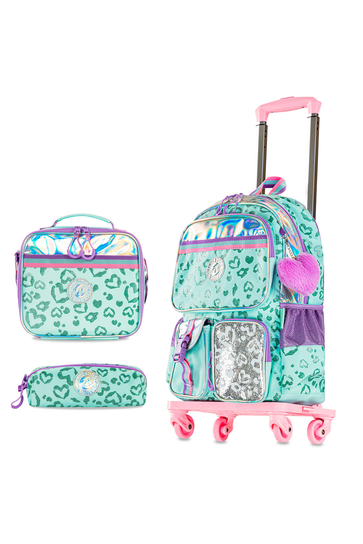 Eazy Kids 17" School Bag Set of 4 w/ 4 Wheel Trolley, Lunch Bag and Pencil Pouch - Love Green