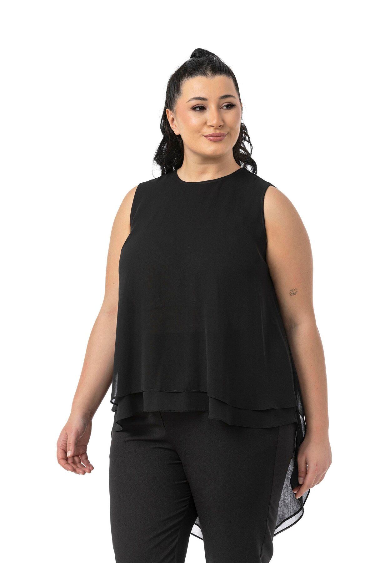 DISENTIS MODEST-Large Size Back Button Asymmetrical Cut Double Layer Chiffon Black Blouse 5