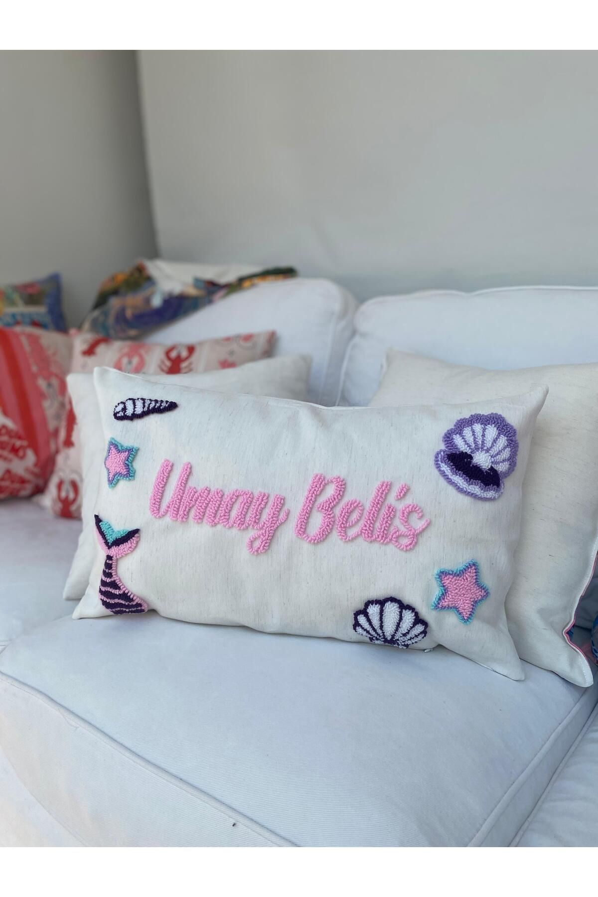 RahanDesign Bebek Dekoratif Deniz Temalı İsimli Kırlent Kılıfı- Kişiye Özel İsimli Punch Yastık Kılıfı