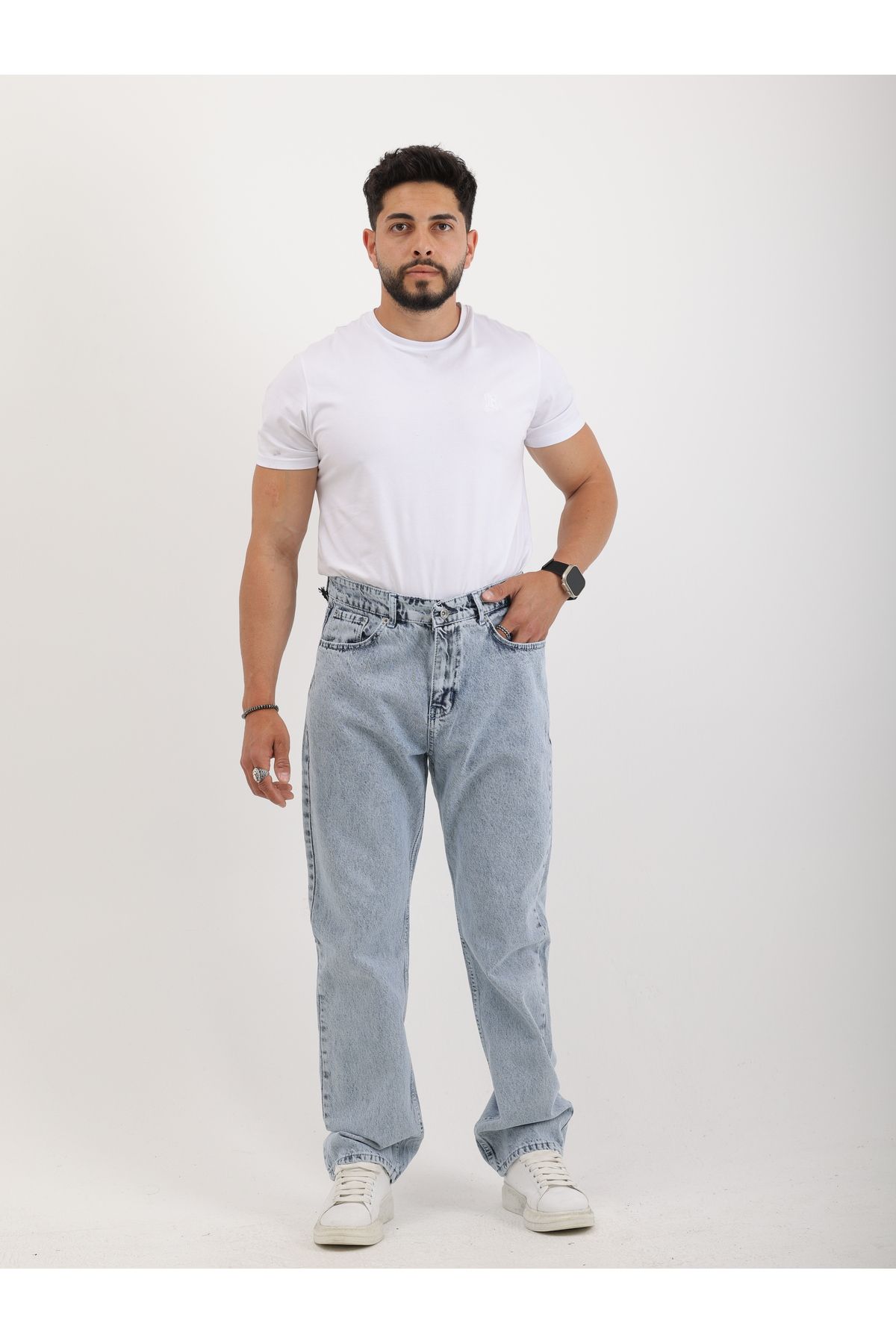 cliento Erkek Baggy Fit Rahat Kesim Düz Paça Açık Mavi Jean Pantolon