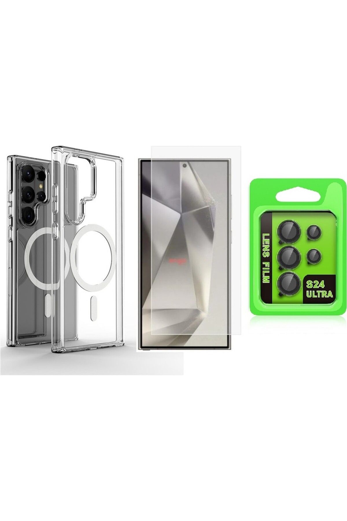 Vendas Samsung Galaxy S24 Ultra Kılıf M-safe Şarj Özellikli Sert PC Embos Kapak + Lens +Nano Ekran Koruyucu