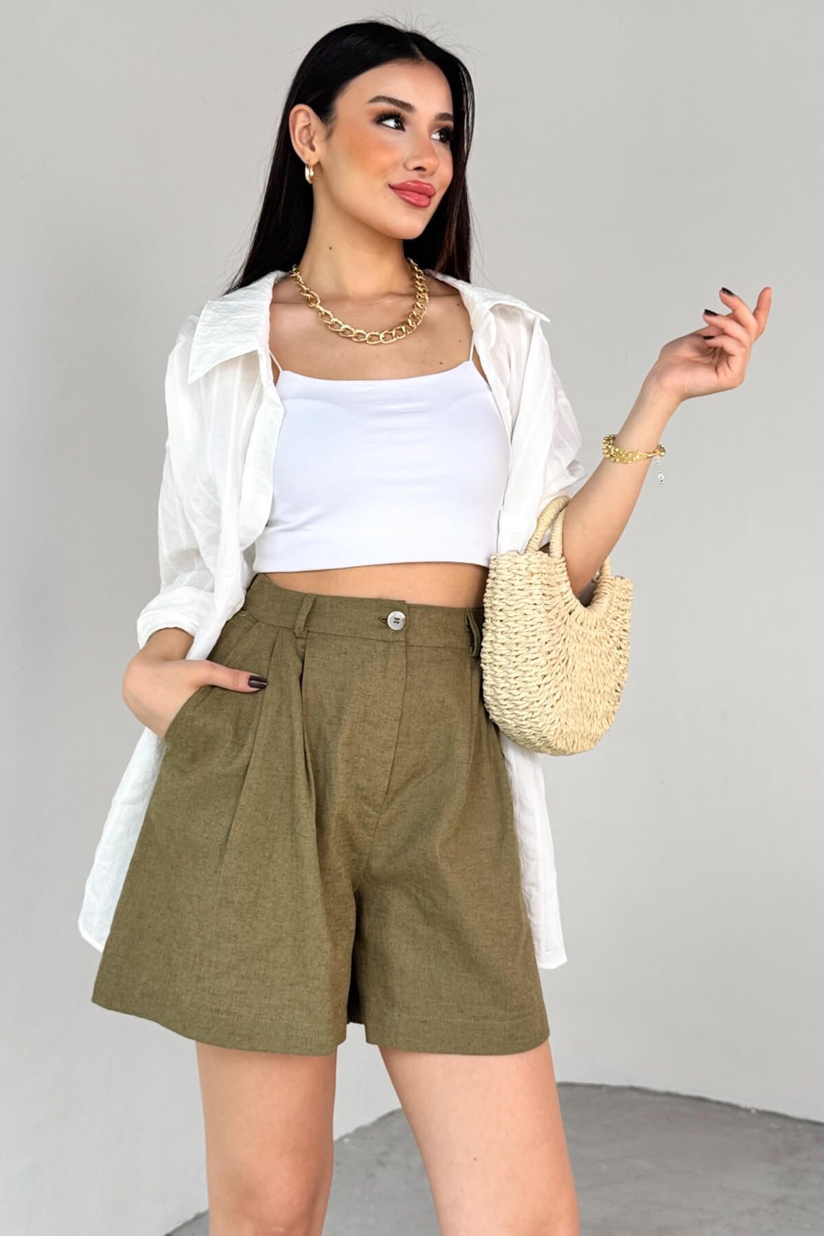 Cappmoda ŞRT-16028 Haki Cepli Yüksek Bel Kısa Keten Şort