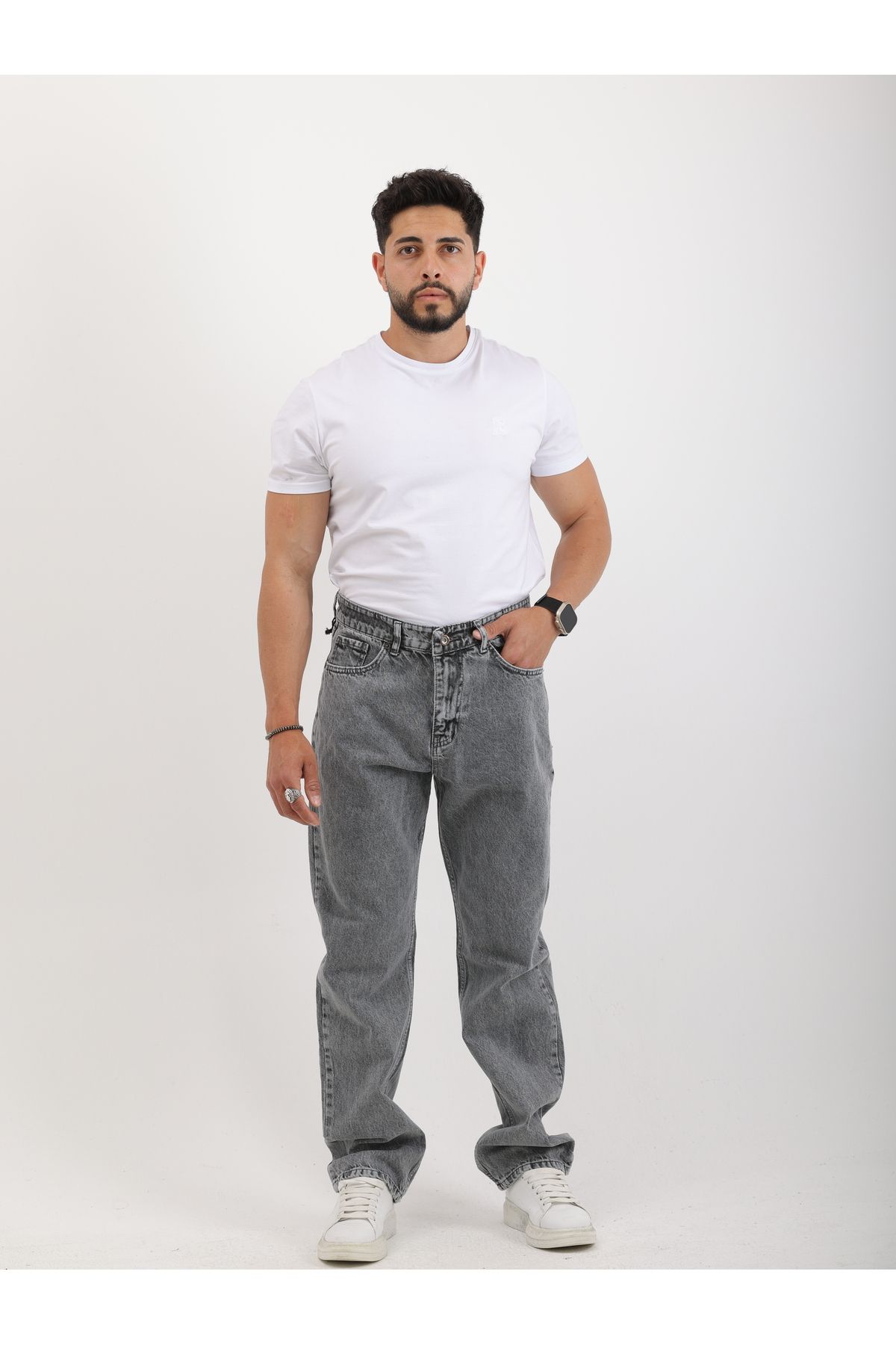 cliento Erkek Baggy Fit Rahat Kesim Düz Paça Gri Jean Pantolon
