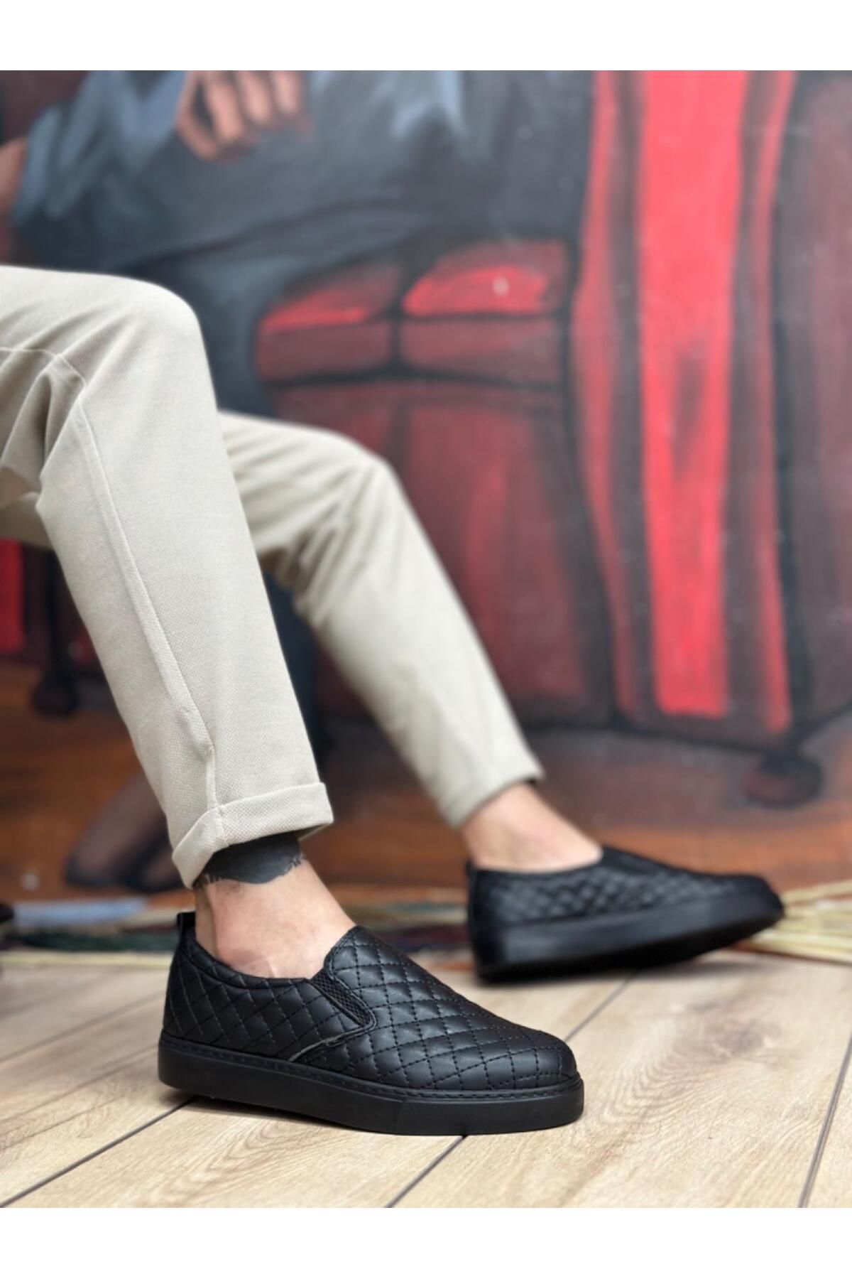 Byshoes BA0353 Bağcıksız Kapitone Siyah Günlük Erkek Ayakkabı