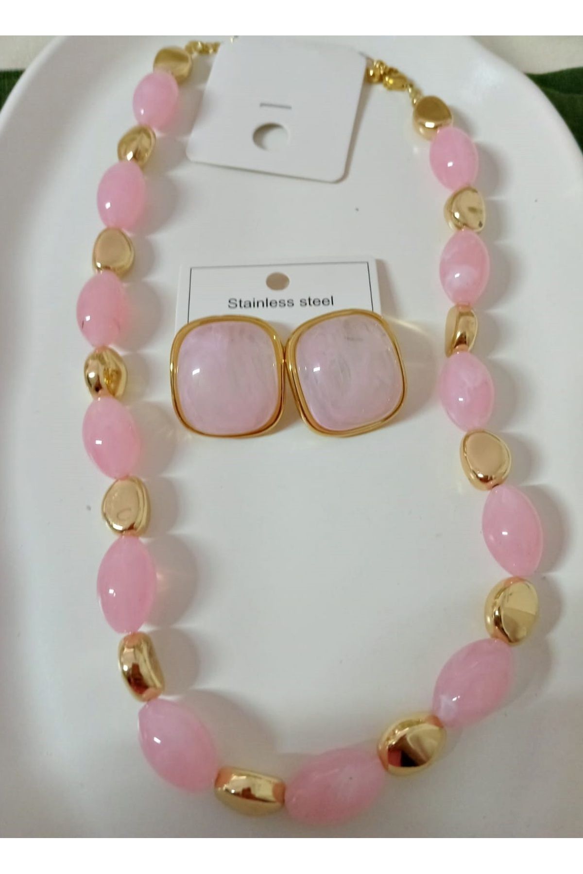 mos&more Pembe Boncuklu Kadın Kolye Küpe Seti